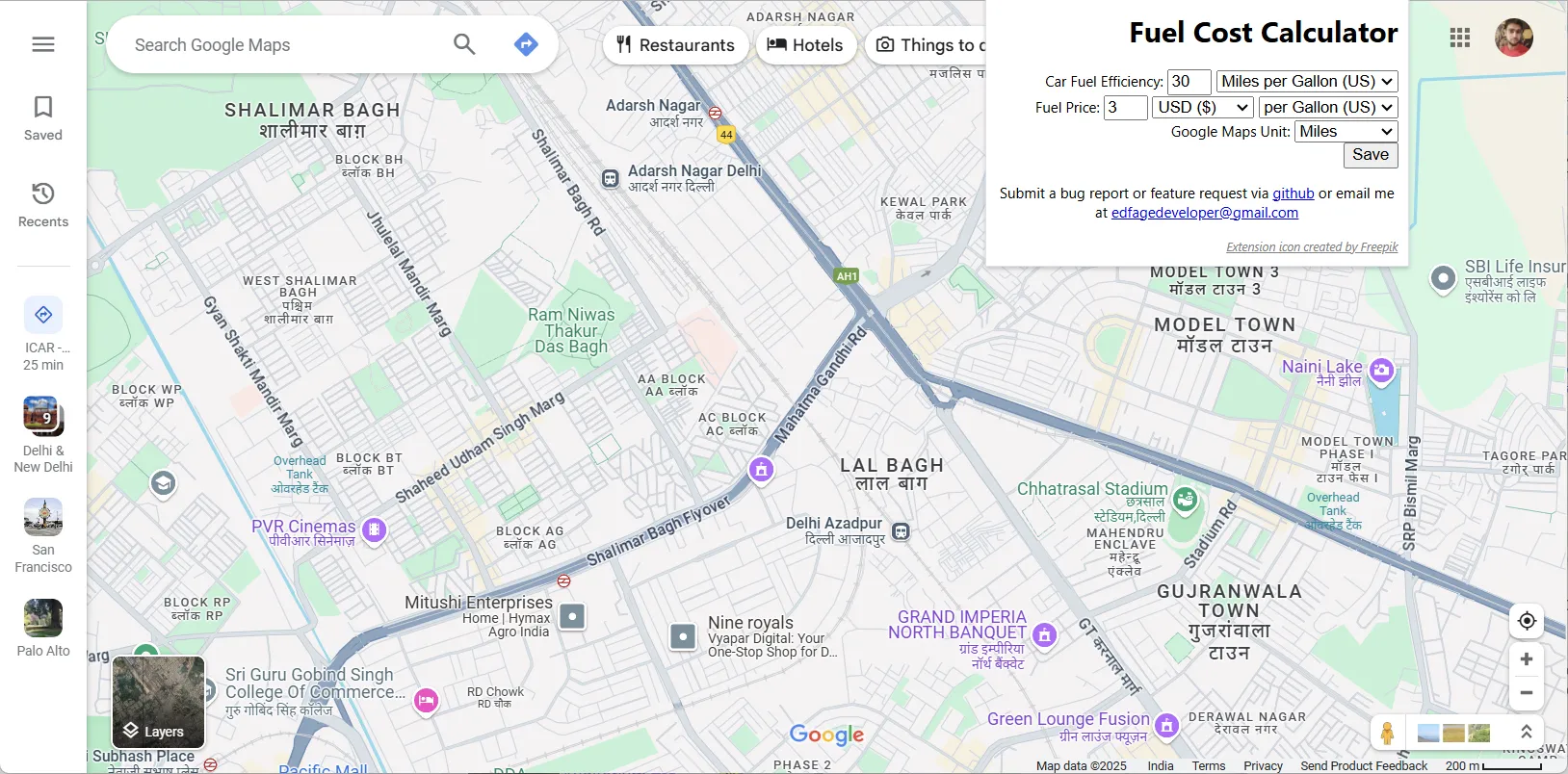 Thiết lập thông số cho tiện ích tính chi phí nhiên liệu Google Maps Fuel Cost Calculator