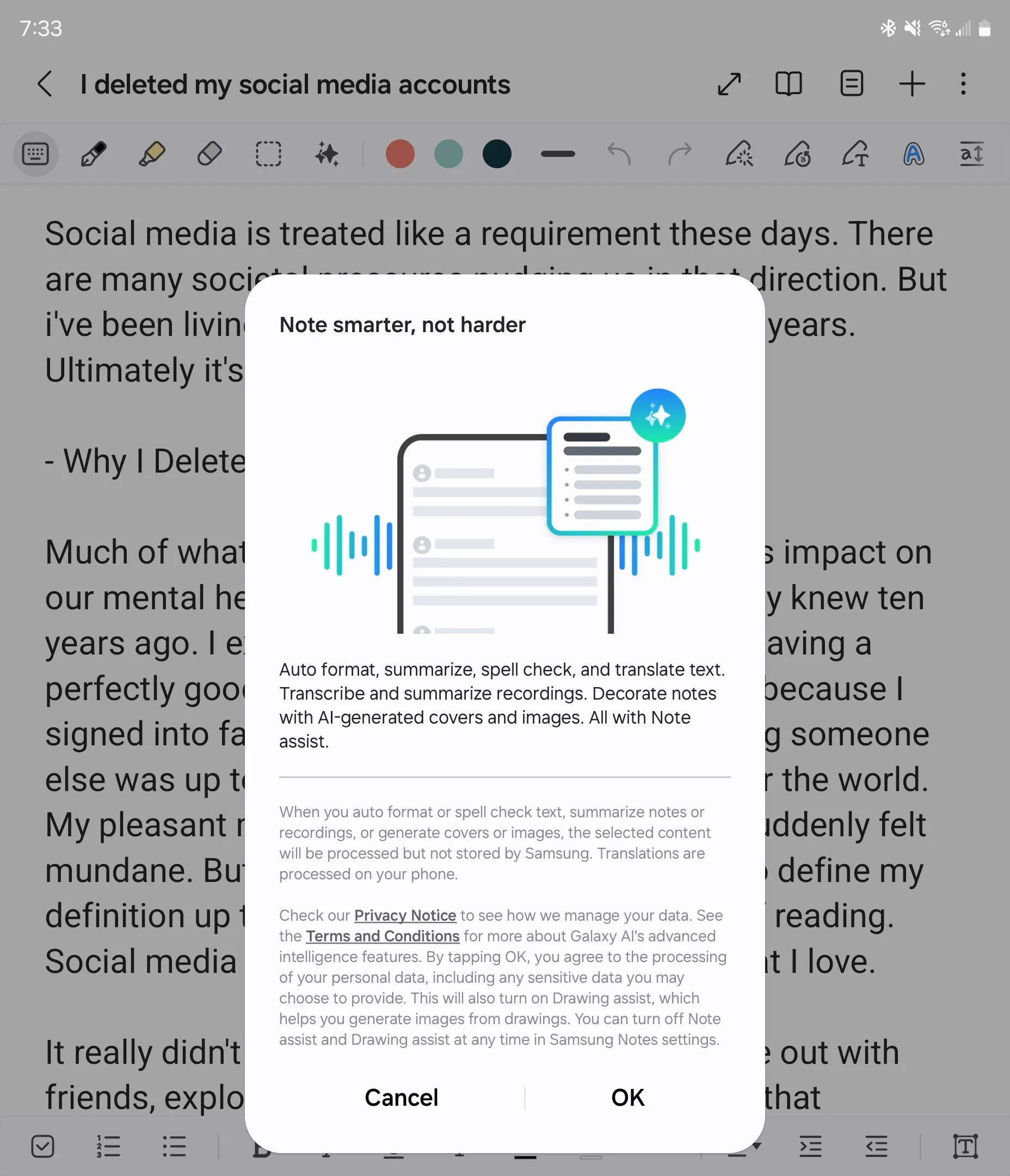 Thông báo giới thiệu tính năng Note Assist trong ứng dụng Samsung Notes