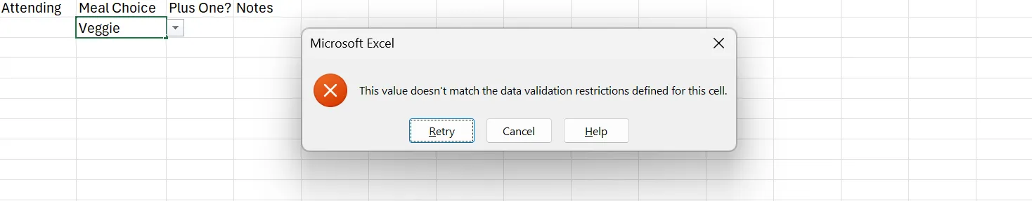 Thông báo lỗi khi dữ liệu không hợp lệ trong Excel sau khi thiết lập Data Validation