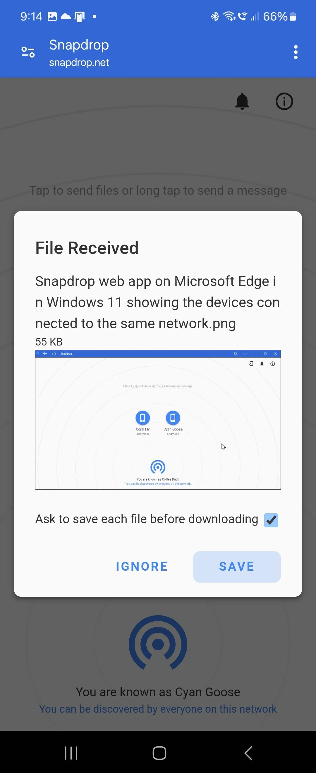 Thông báo nhận file trên điện thoại Android thông qua Snapdrop