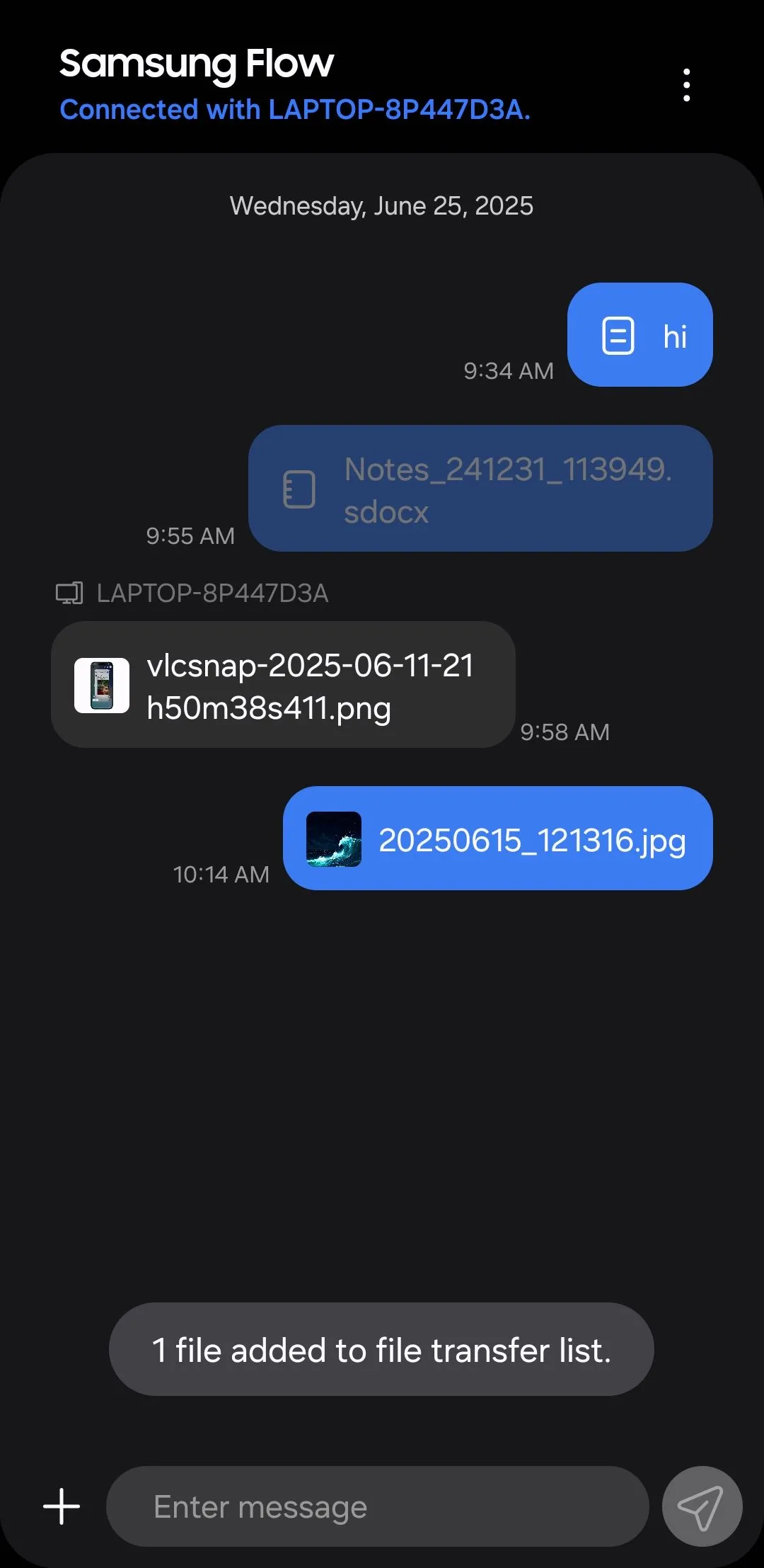 Thông báo tệp đã gửi thành công trong ứng dụng Samsung Flow trên điện thoại