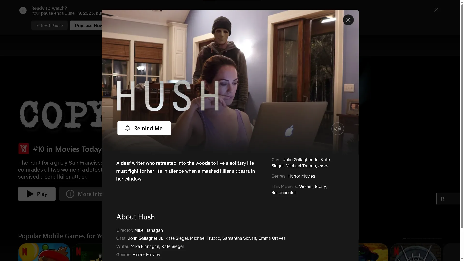Thông tin bộ phim &quot;Hush&quot; trên giao diện Netflix, hiển thị chi tiết và tùy chọn xem