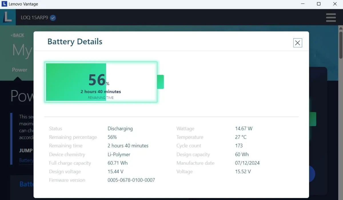 Thông tin chi tiết về pin và số chu kỳ sạc được hiển thị trong phần mềm Lenovo Vantage