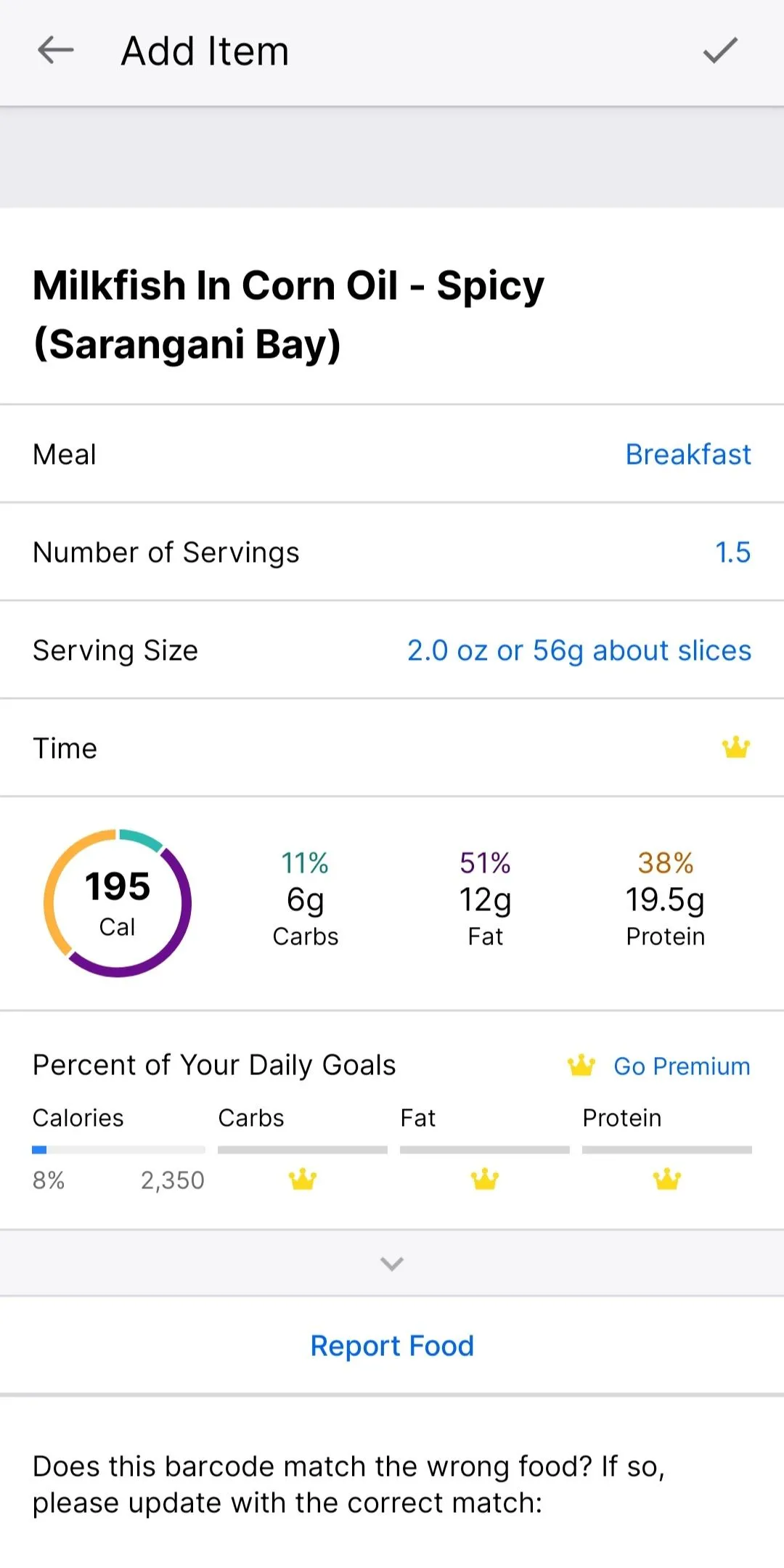 Thông tin chi tiết về thành phần dinh dưỡng và lượng calo của một loại thực phẩm trong MyFitnessPal