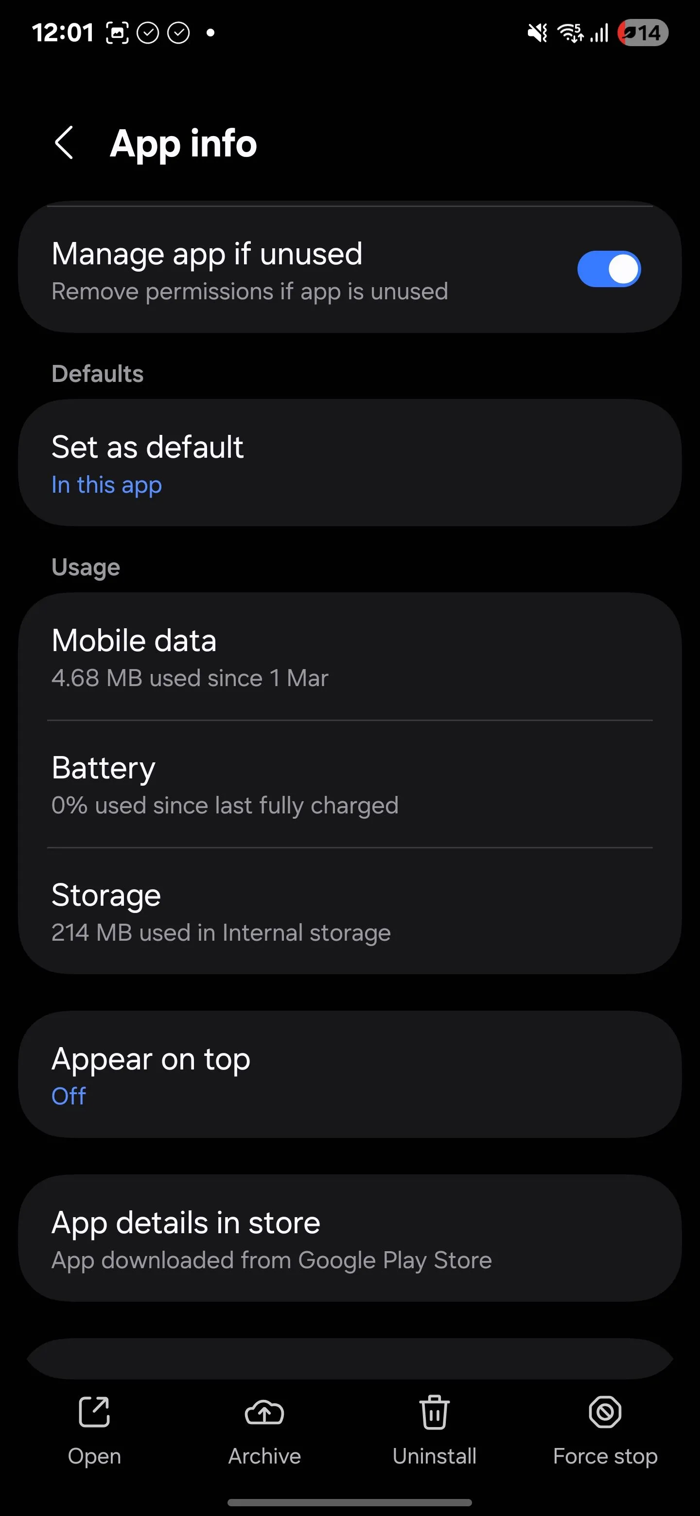 Thông tin ứng dụng trong menu cài đặt trên điện thoại Samsung