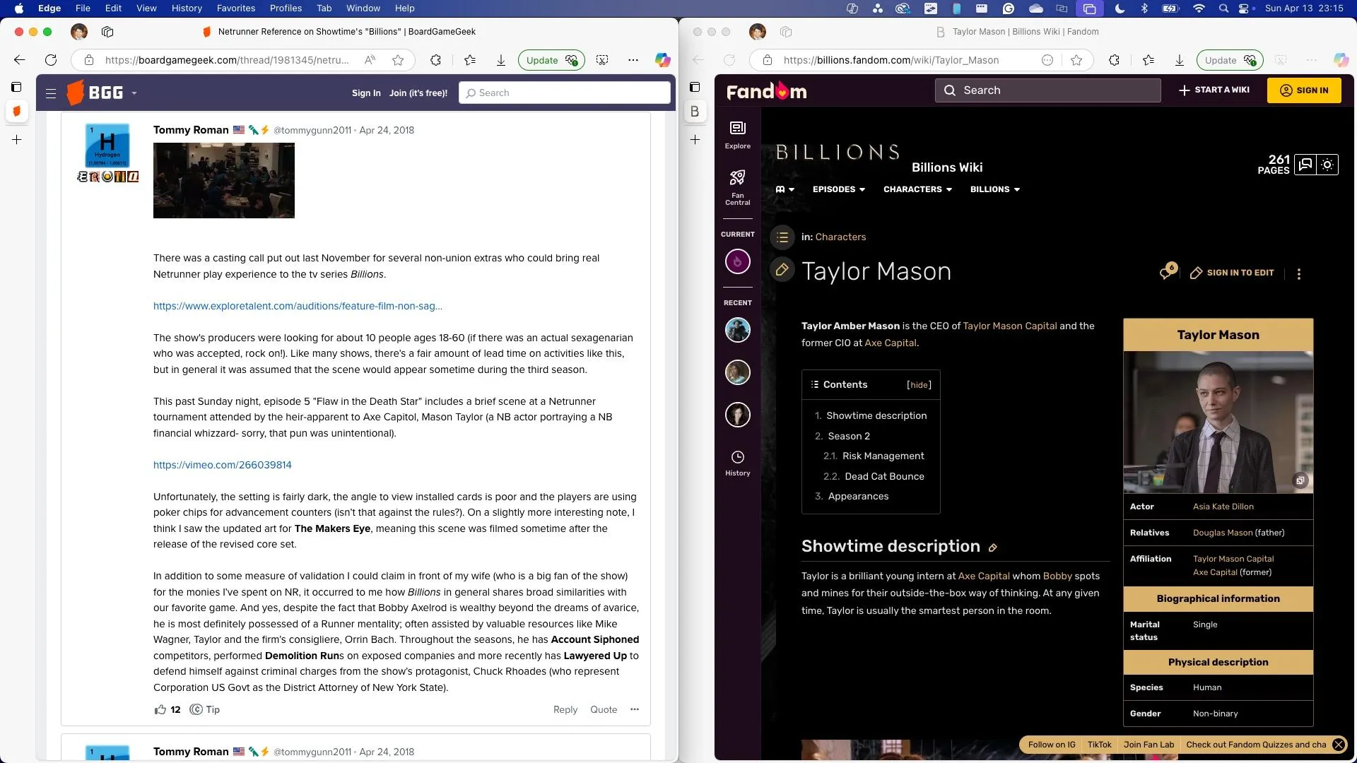 Thông tin về trò chơi thẻ bài Netrunner và nhân vật Taylor Mason trong series Billions, cho thấy chiều sâu của nội dung phim