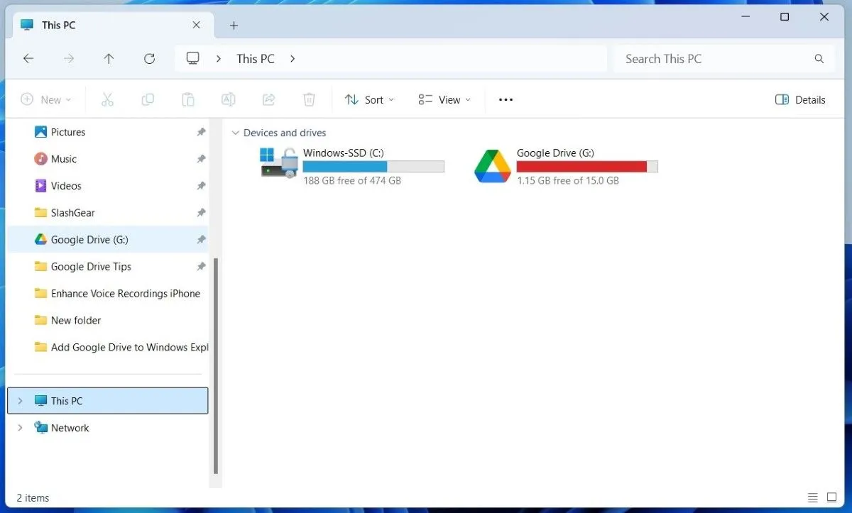 Thư mục Google Drive được hiển thị trong Windows 11 File Explorer