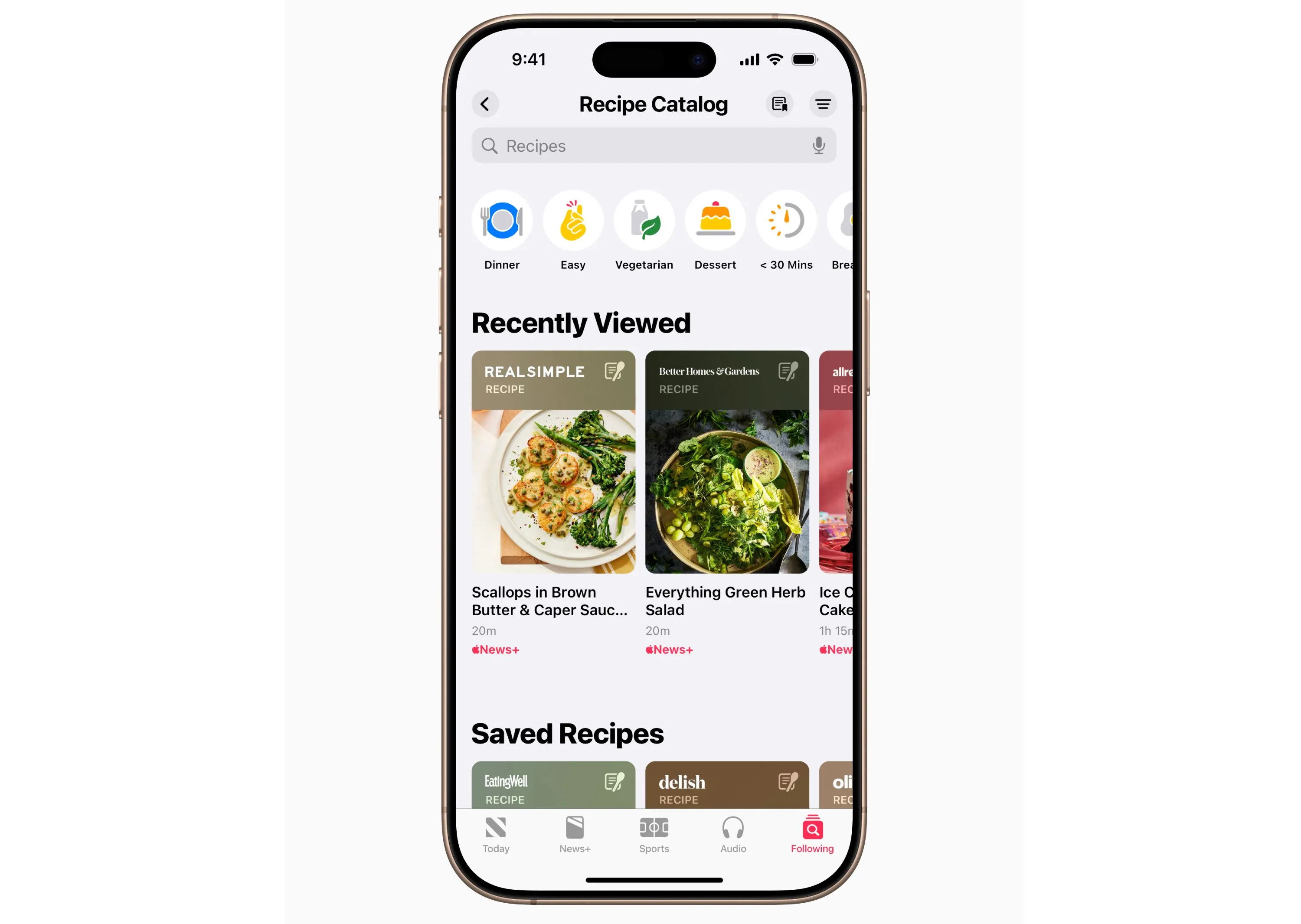 Thư viện công thức nấu ăn đa dạng trong ứng dụng Apple News+ Food, giúp người dùng iOS 18.4 khám phá và lưu trữ hàng ngàn món ăn.