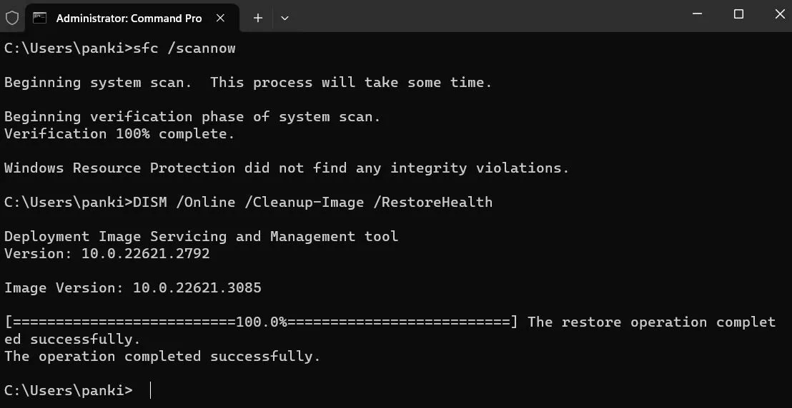 Thực hiện lệnh sfc /scannow và Dism để quét, sửa lỗi file hệ thống có thể gây mất Start menu