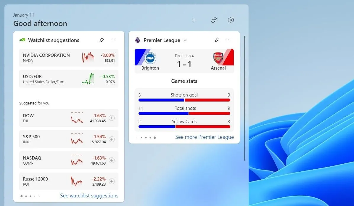 Tỉ số trận bóng đá trong bảng widget Windows 11