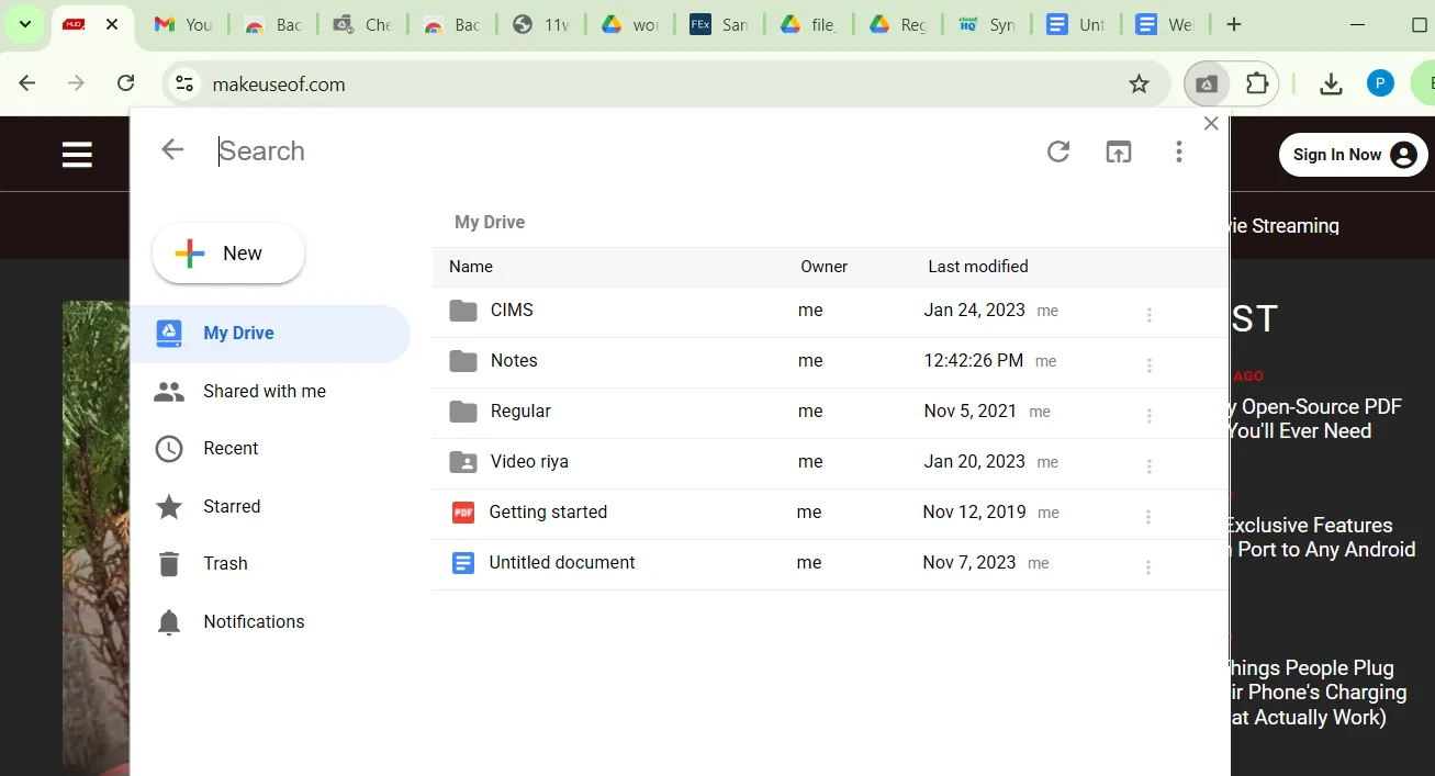 Tiện ích Checker Plus hiển thị giao diện quản lý Google Drive ngay trong trình duyệt