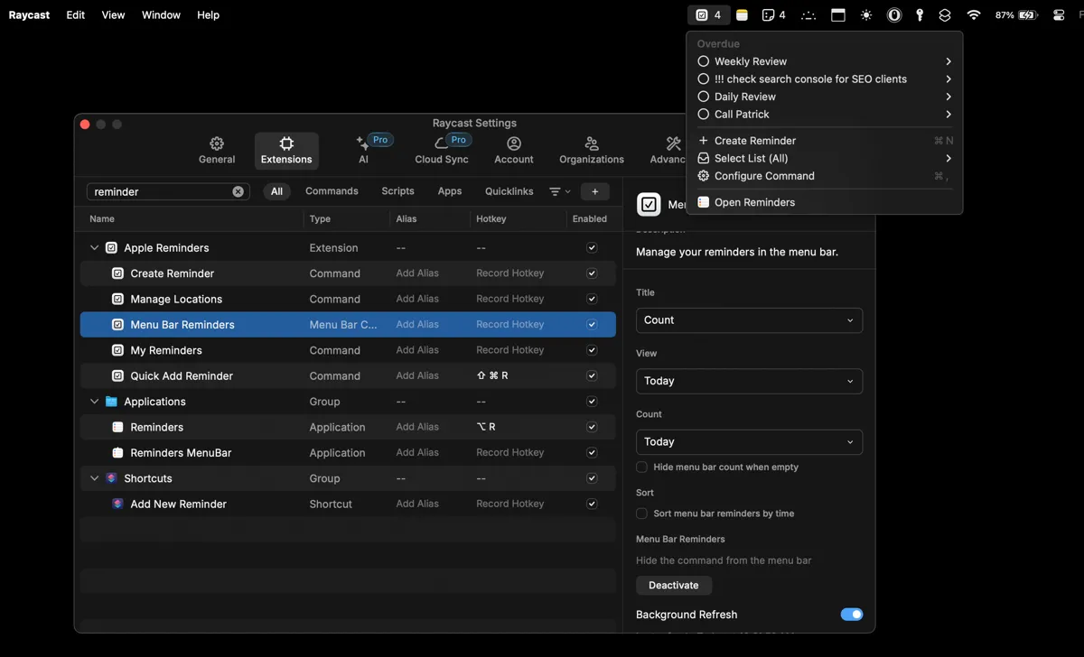 Tiện ích Reminders của Apple được tích hợp trên thanh Menu Bar của Raycast
