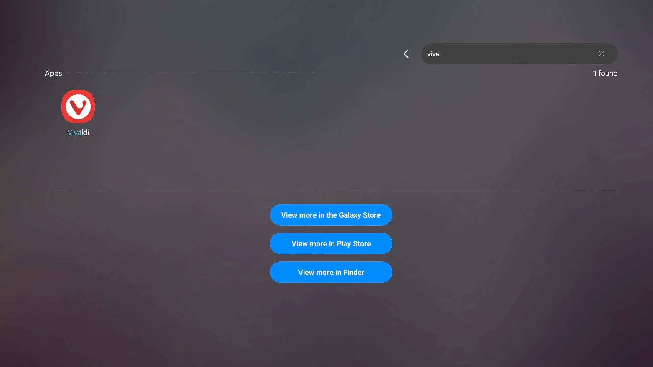 Tìm kiếm ứng dụng Vivaldi qua thanh tìm kiếm trên Samsung DeX, minh họa cách mở ứng dụng nhanh bằng phím tắt thay vì thanh tác vụ.