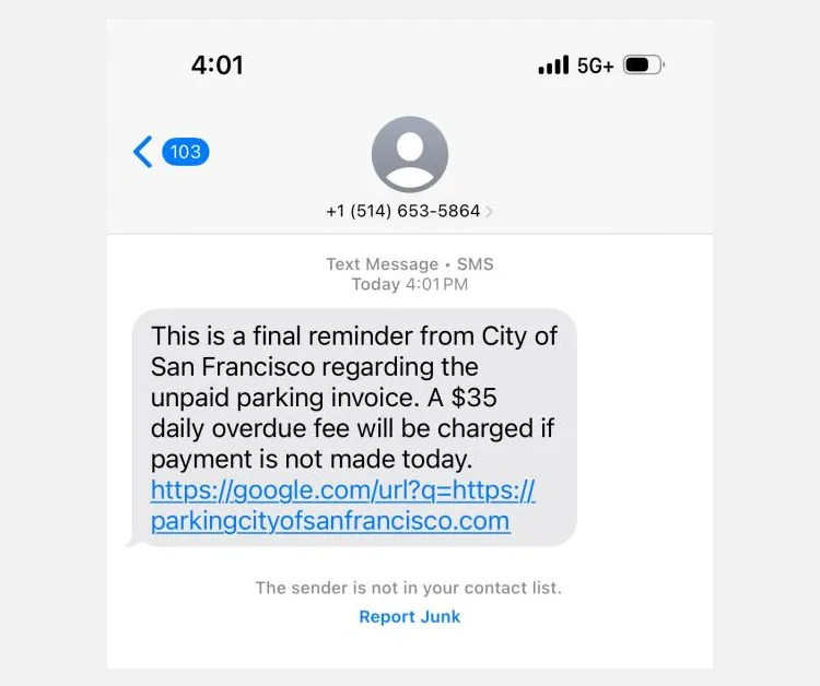 Tin nhắn lừa đảo SMS yêu cầu thanh toán phí phạt đỗ xe giả mạo từ San Francisco