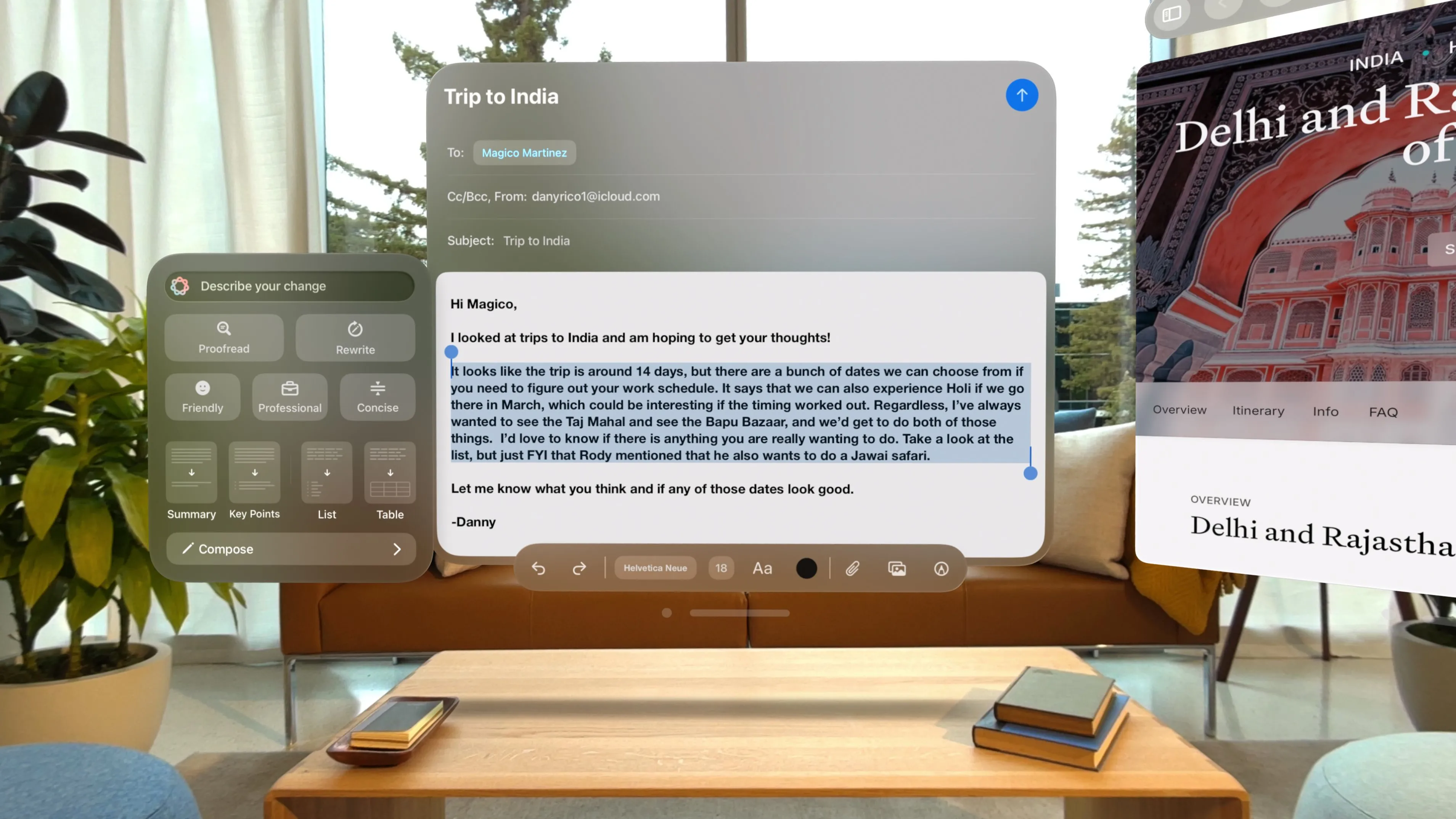 Tính năng Apple Intelligence hiển thị trên kính Apple Vision Pro