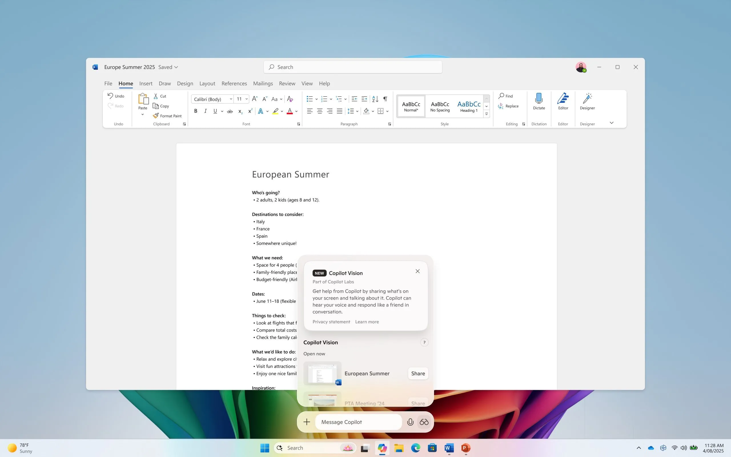 Tính năng Copilot Vision trên Windows hiển thị biểu tượng kính mắt, cho phép AI phân tích và tương tác với nội dung hiển thị trên màn hình ứng dụng hoặc trình duyệt