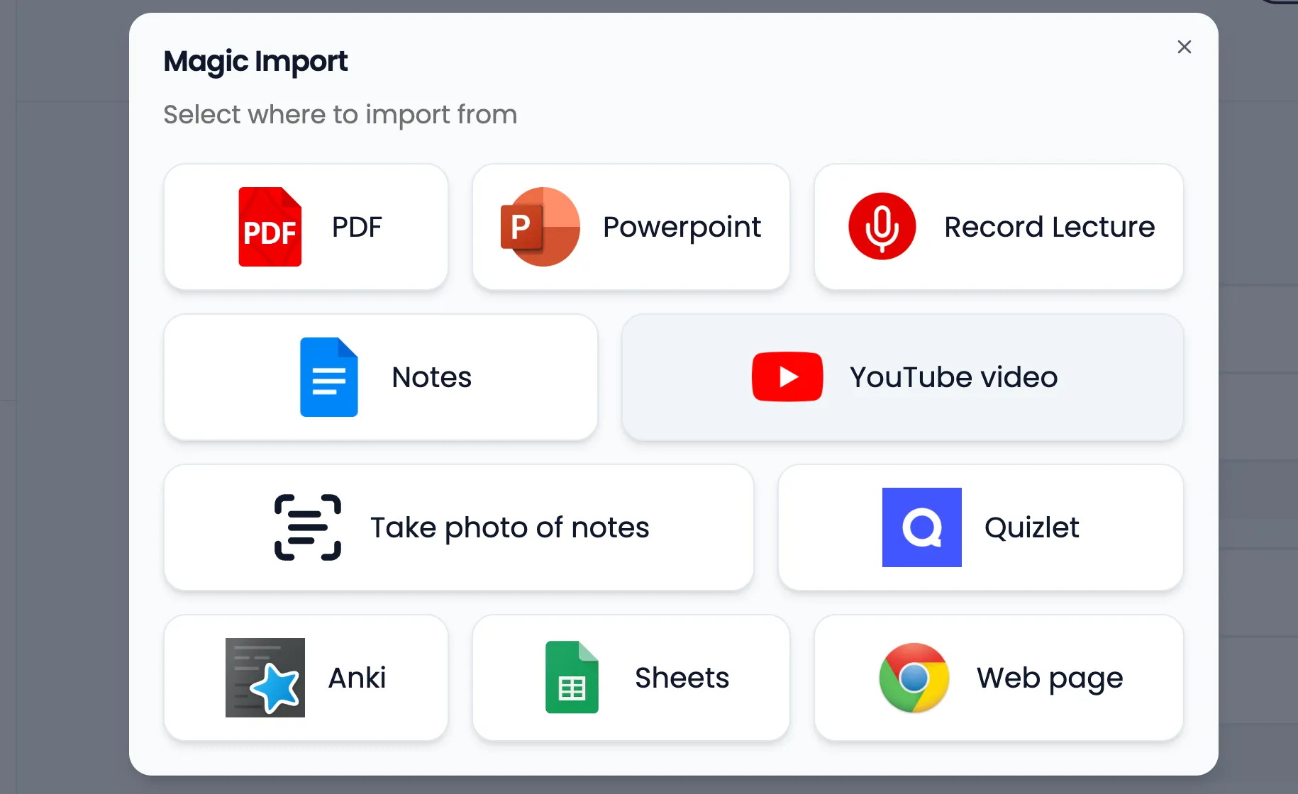 Tính năng Magic Import của Gizmo, cho phép tạo flashcard từ đa dạng nguồn như YouTube, PDF, PowerPoint và ghi chú