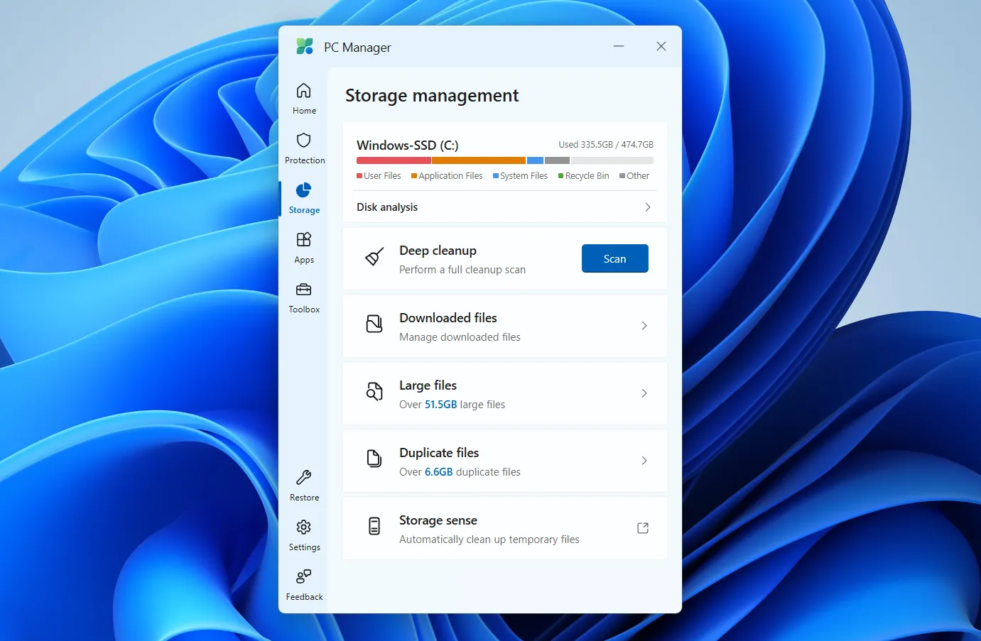 Tính năng quản lý lưu trữ trên Microsoft PC Manager, bao gồm dọn dẹp file trùng lặp