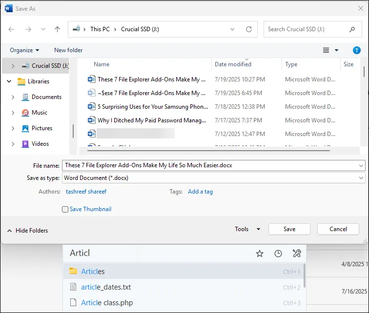 Tính năng tìm kiếm nhanh của Listary hoạt động trong hộp thoại Save As của Microsoft Word