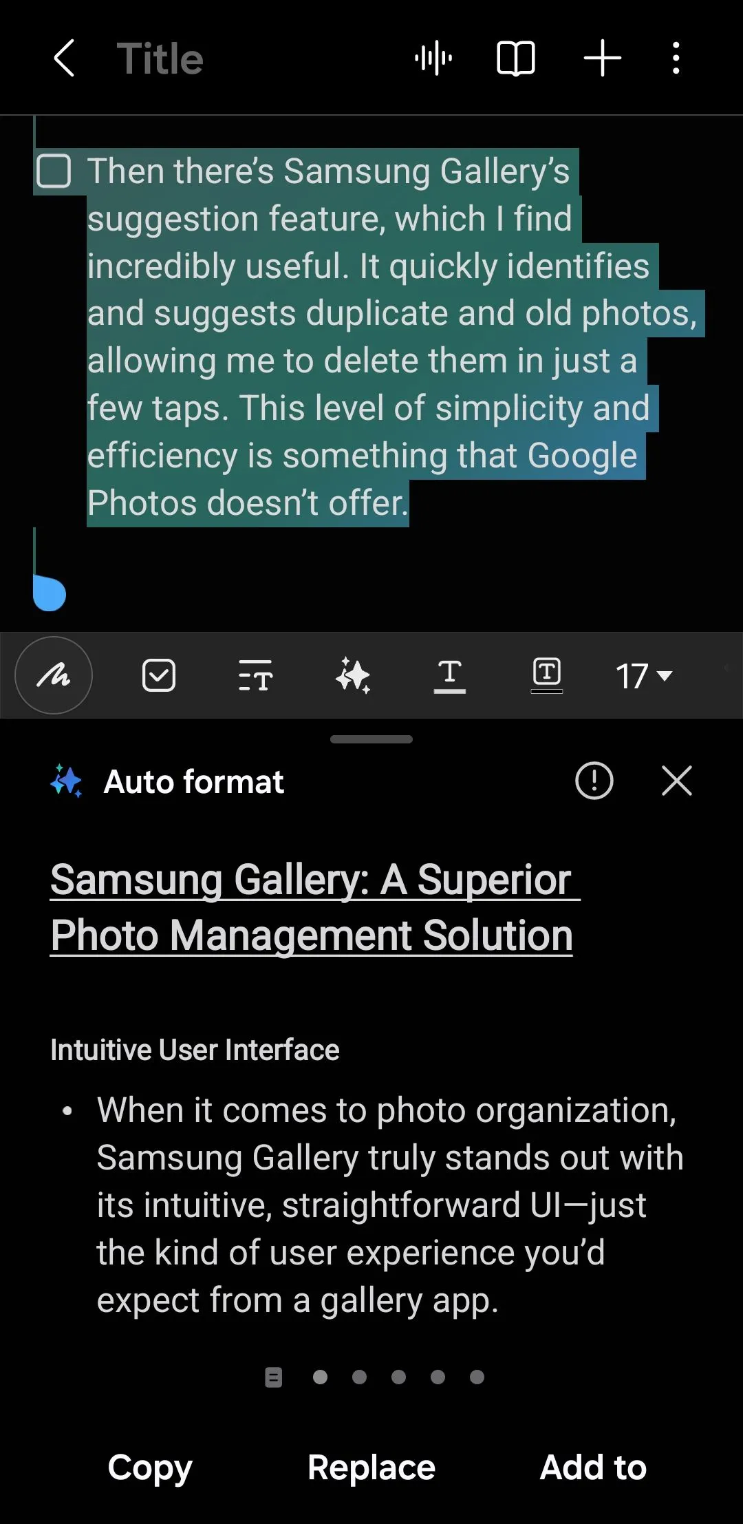Tính năng tự động định dạng (Auto Format) giúp sắp xếp ghi chú khoa học trong ứng dụng Samsung Notes.