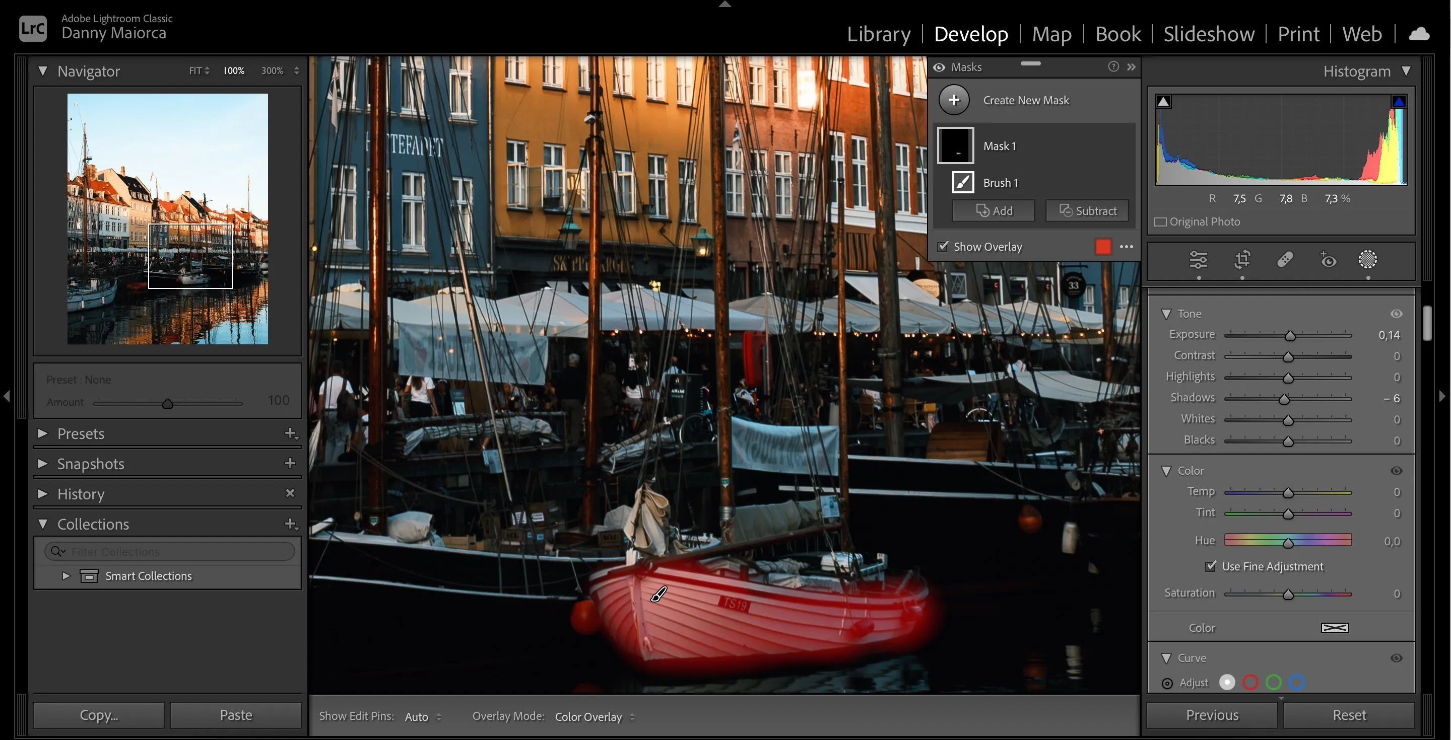 Tính năng vẽ mặt nạ (Draw Mask) với vùng được chọn màu đỏ trong Adobe Lightroom, cho phép chỉnh sửa cục bộ