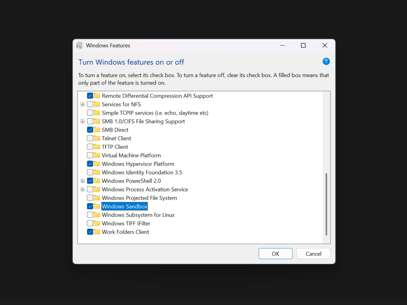 Tính năng Windows Sandbox được đánh dấu đã bật trong cửa sổ Windows Features, cho thấy cách kích hoạt môi trường thử nghiệm an toàn