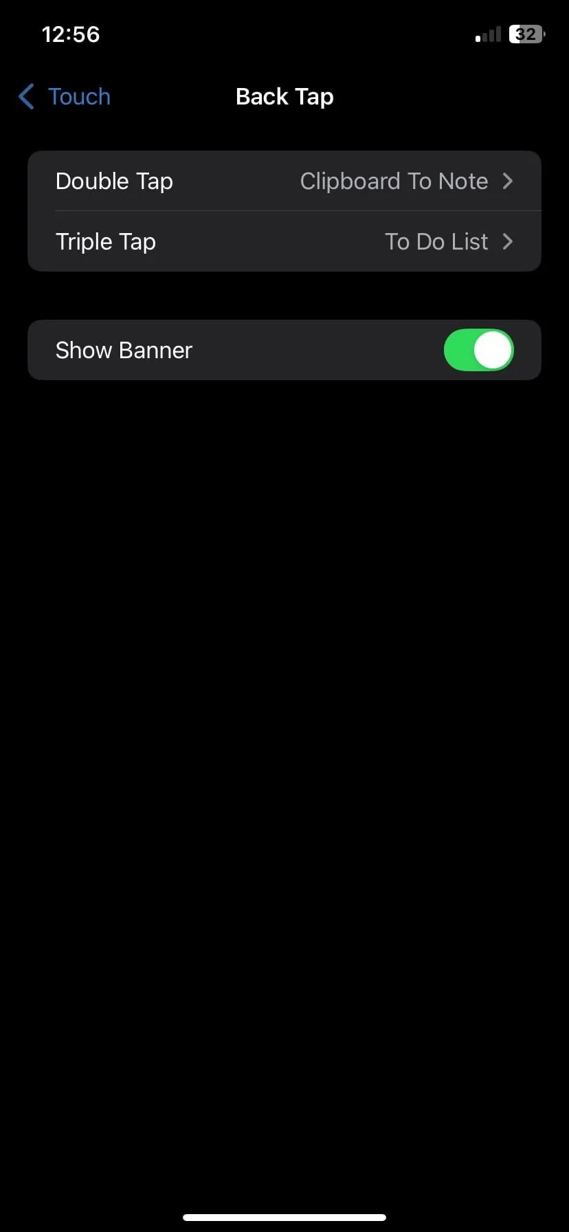 Trang cài đặt Chạm mặt lưng (Back Tap) trên iOS với các tùy chọn Double Tap và Triple Tap