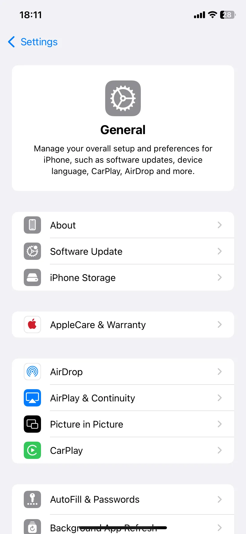 Trang cài đặt chung của iPhone trong ứng dụng Cài đặt