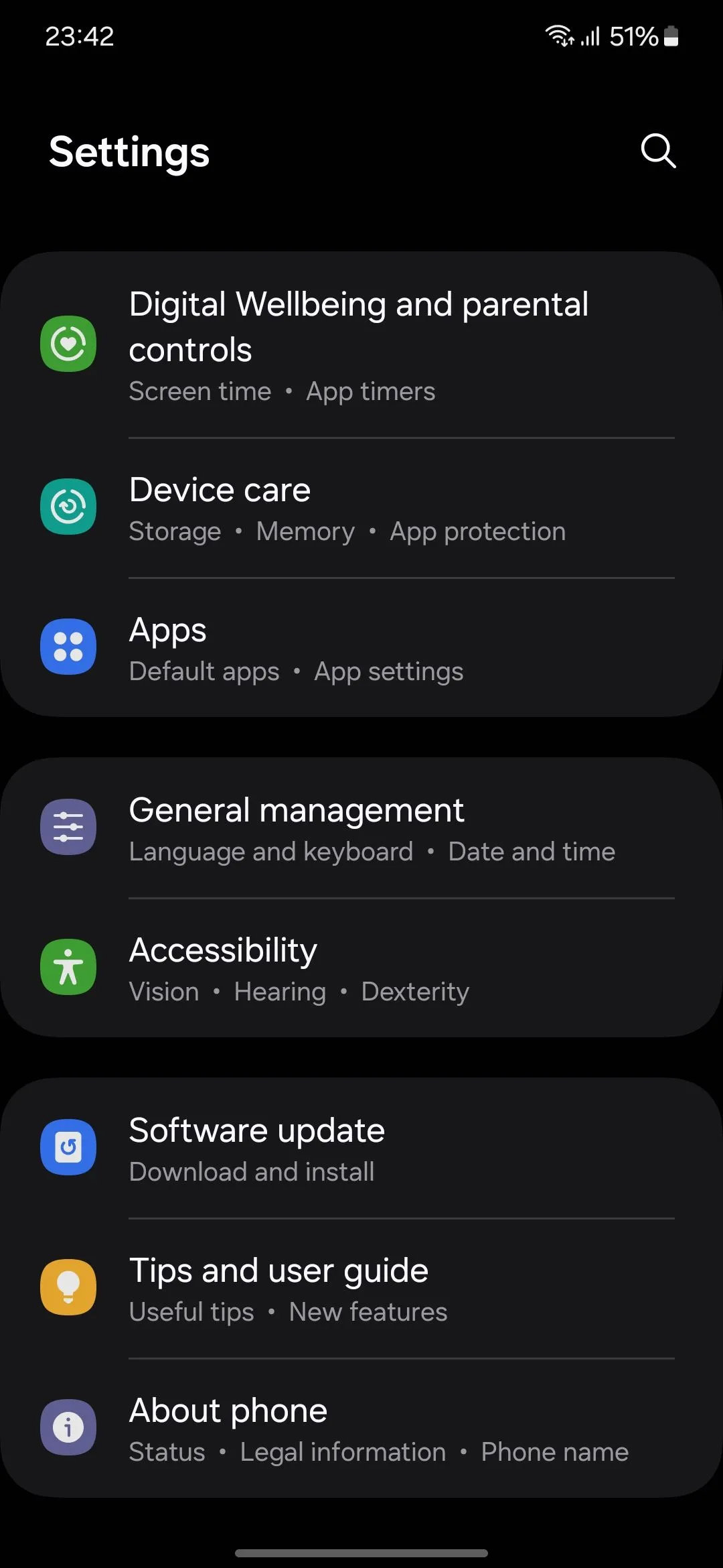 Trang cài đặt chung (Settings) của điện thoại Samsung Galaxy.