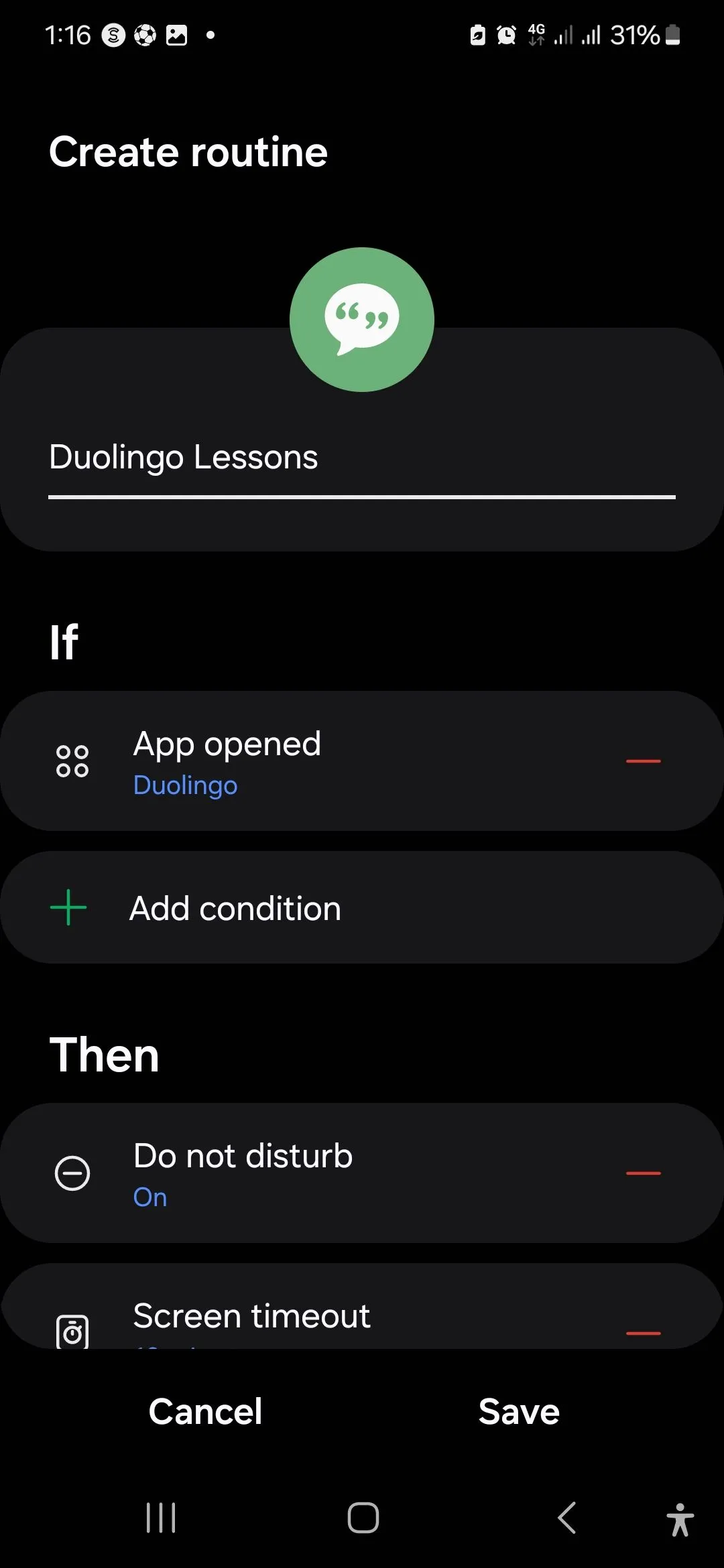 Trang cài đặt Quy trình học Duolingo trên thiết bị Samsung, hiển thị các tùy chỉnh như DND và hẹn giờ học.