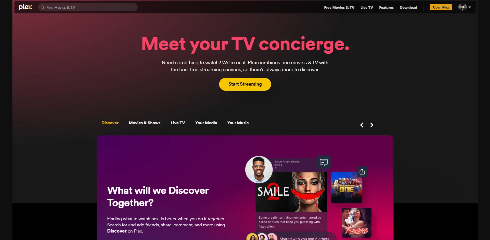 Trang chủ chính thức của Plex, giới thiệu nền tảng server media cá nhân.