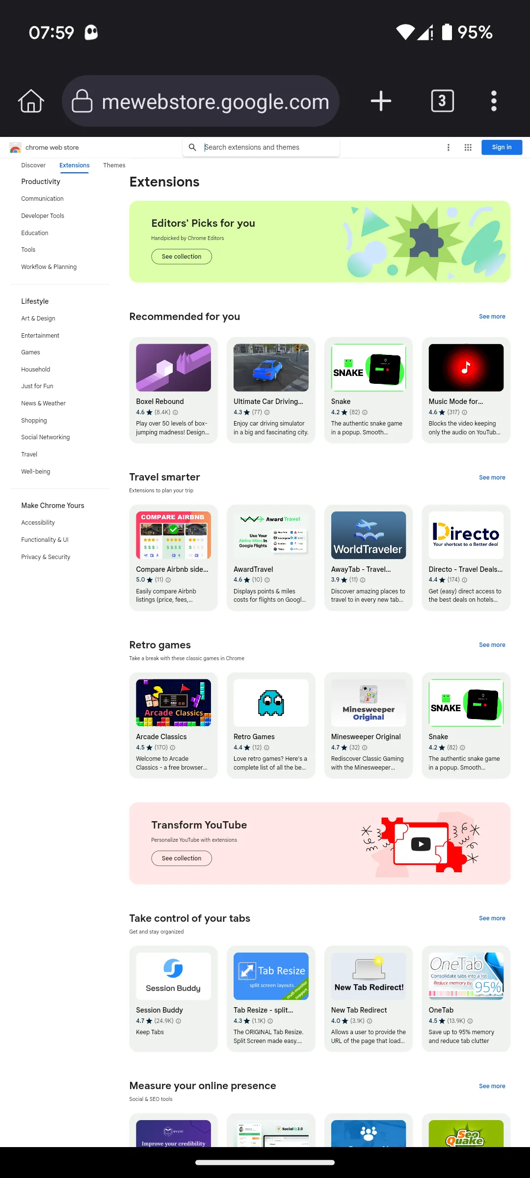 Trang chủ Chrome Web Store được hiển thị trong trình duyệt Kiwi Browser trên Android, sẵn sàng để tìm kiếm tiện ích.