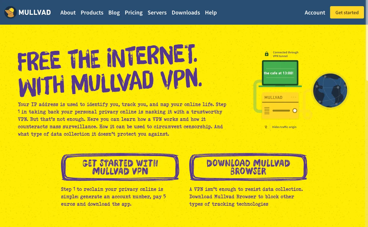 Trang chủ của trang web Mullvad VPN, một dịch vụ mạng riêng ảo