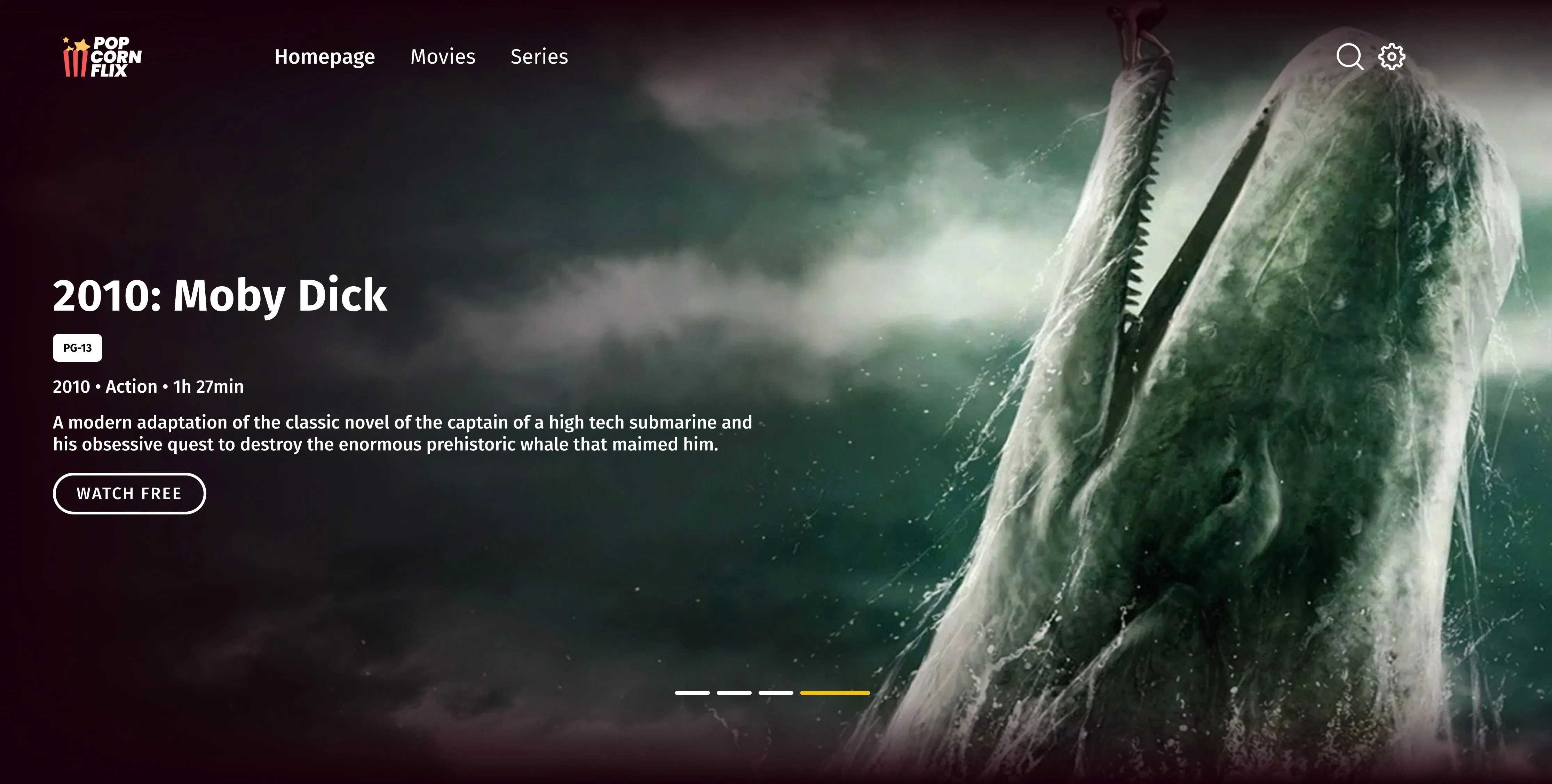 Trang chủ Popcornflix với hình ảnh phim Moby Dick