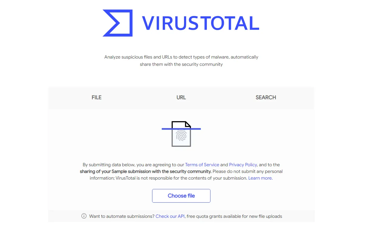 Trang chủ VirusTotal hiển thị giao diện tải file lên để quét virus, minh họa cách kiểm tra file an toàn trực tuyến