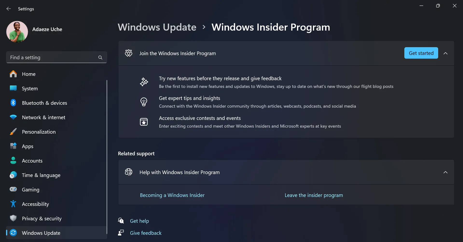 Trang chương trình Windows Insider trong ứng dụng Cài đặt trên Windows 11.