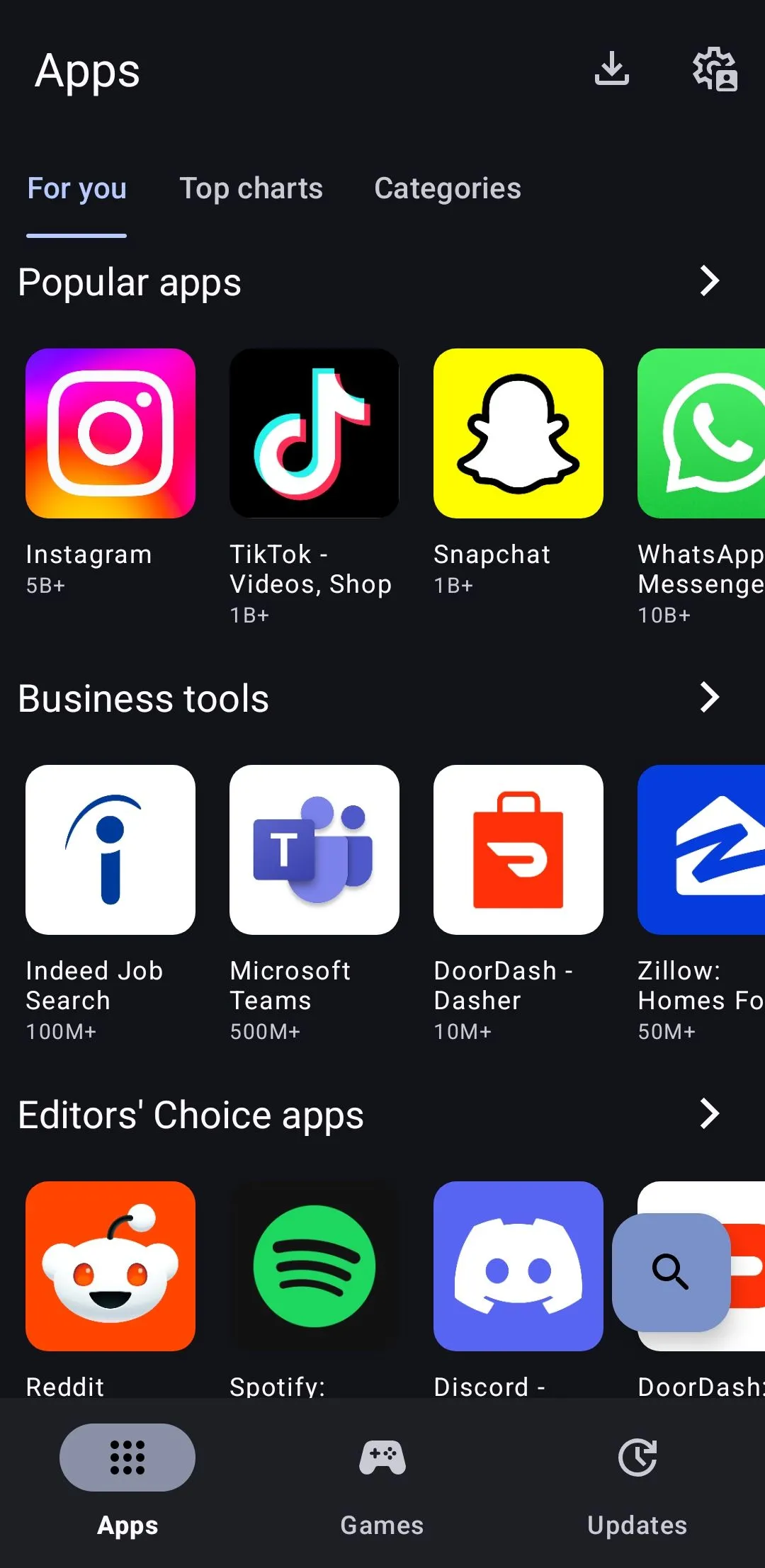 Trang danh sách ứng dụng trên Aurora Store, hiển thị các lựa chọn tải về cho người dùng Android.