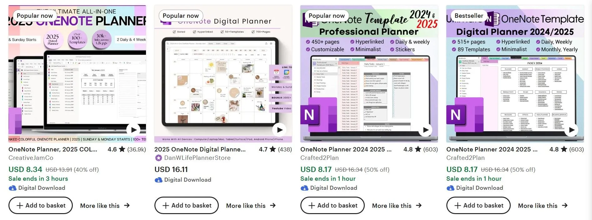 Trang kết quả tìm kiếm Etsy cho thấy nhiều mẫu template OneNote sáng tạo