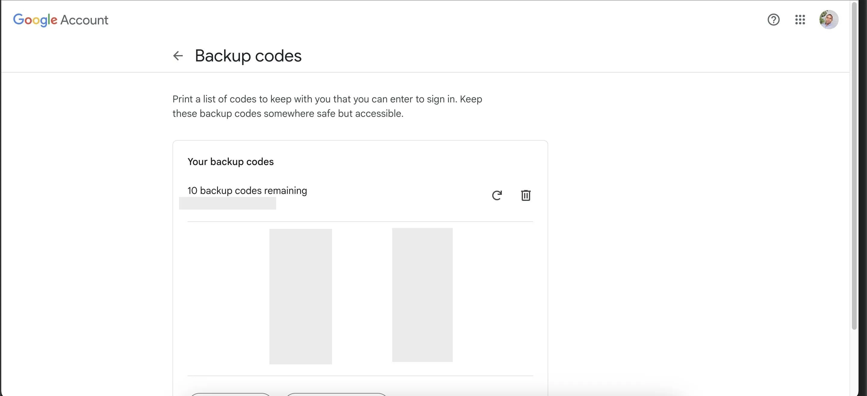 Trang mã dự phòng trên tài khoản Google, hiển thị các mã một lần dùng để khôi phục quyền truy cập.