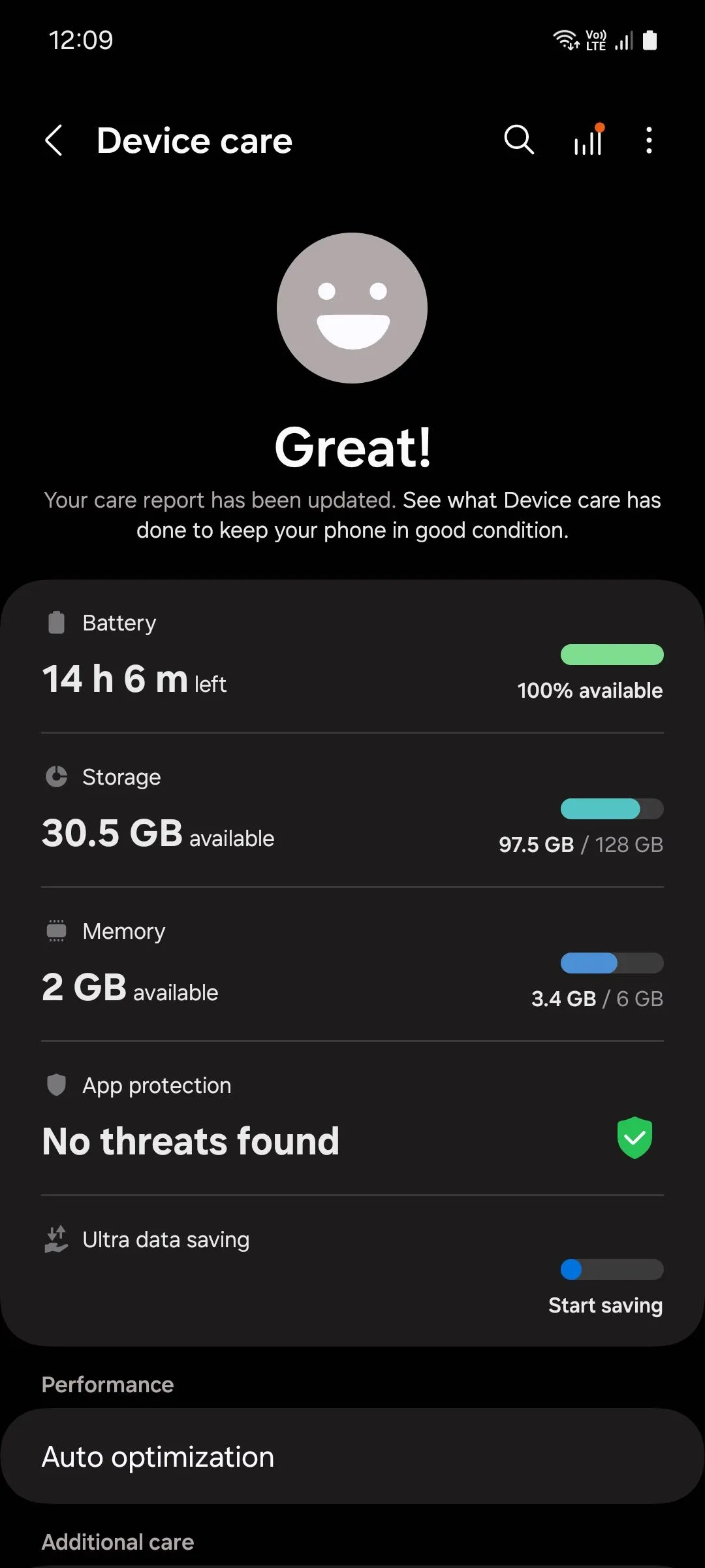 Trang menu Chăm sóc thiết bị Samsung