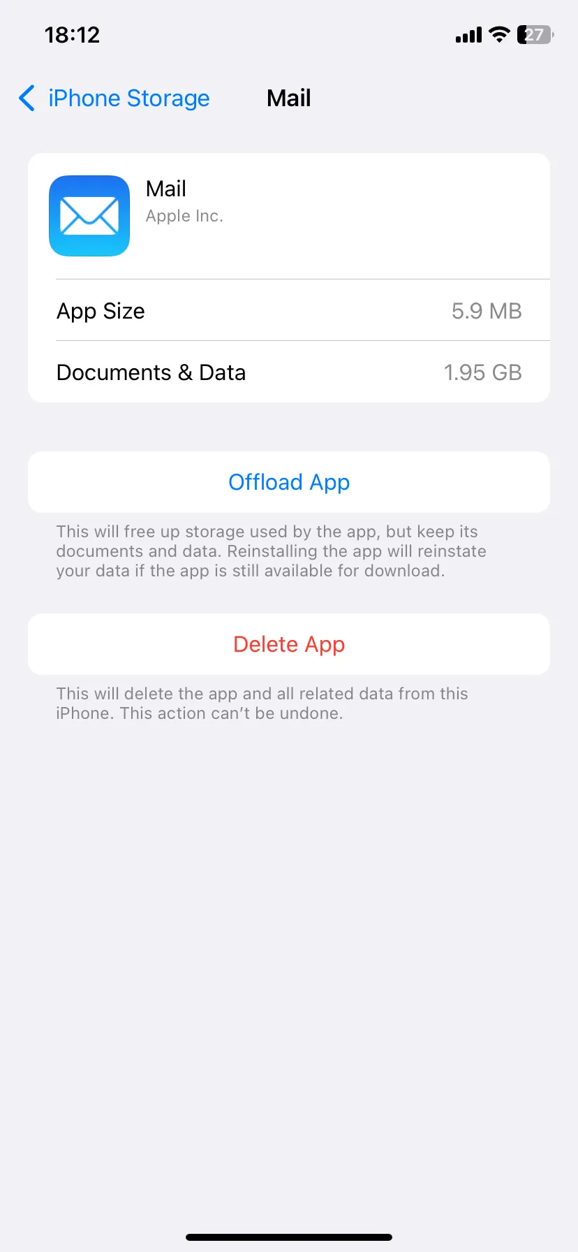 Trang quản lý dung lượng ứng dụng Mail trên iPhone