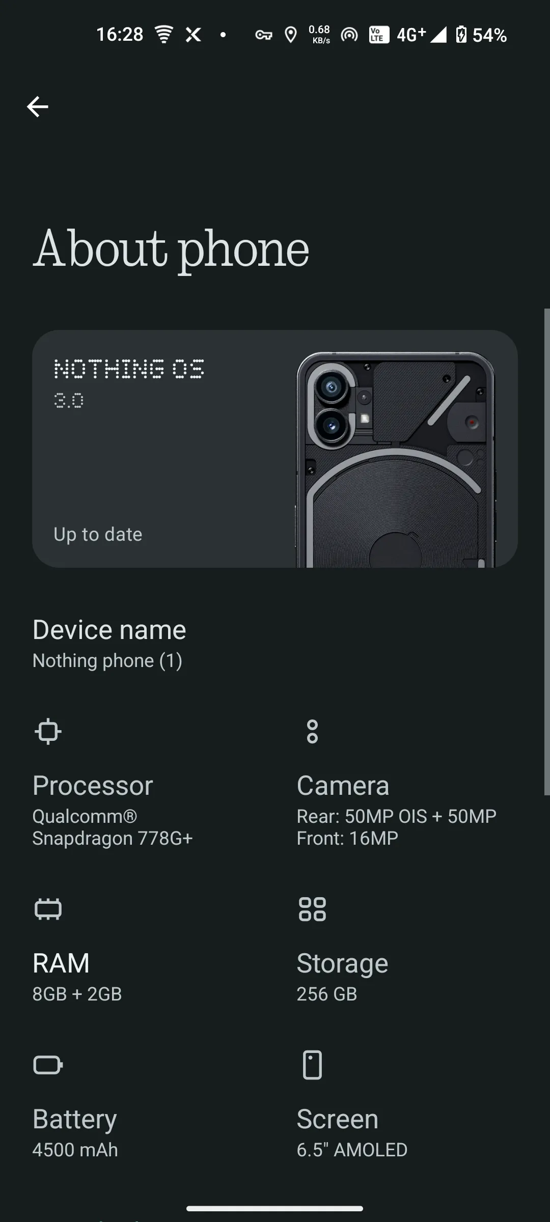 Trang thông tin giới thiệu điện thoại (About Phone) trên Nothing Phone hiển thị chi tiết thiết bị và SIM