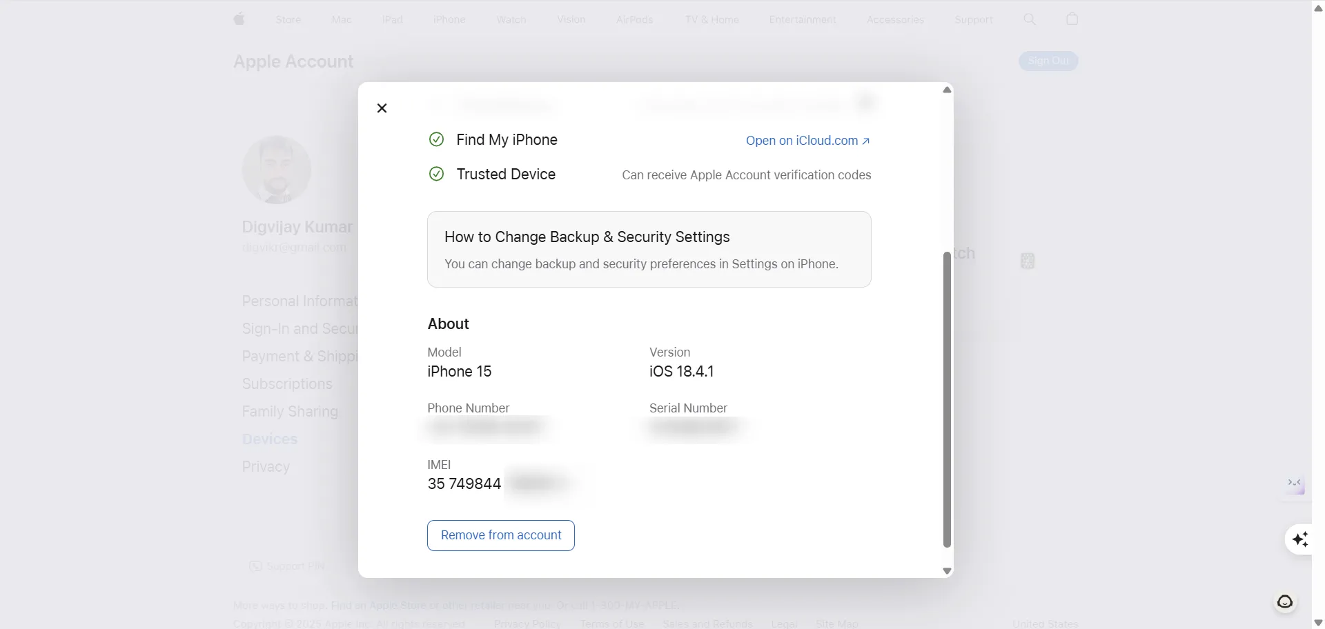 Trang thông tin thiết bị trong tài khoản Apple ID hiển thị số IMEI iPhone