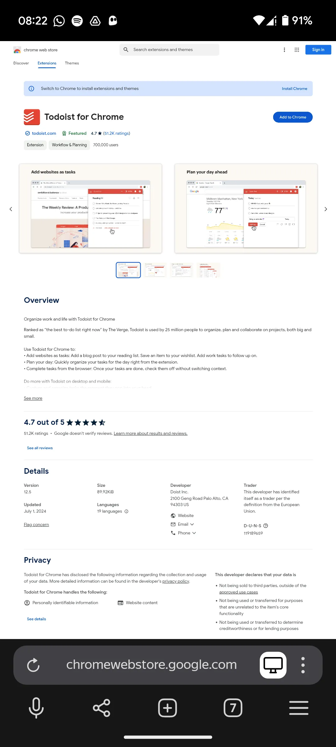 Trang tiện ích Todoist trên Chrome Web Store hiển thị trong Yandex Browser, chuẩn bị để cài đặt trên thiết bị Android.