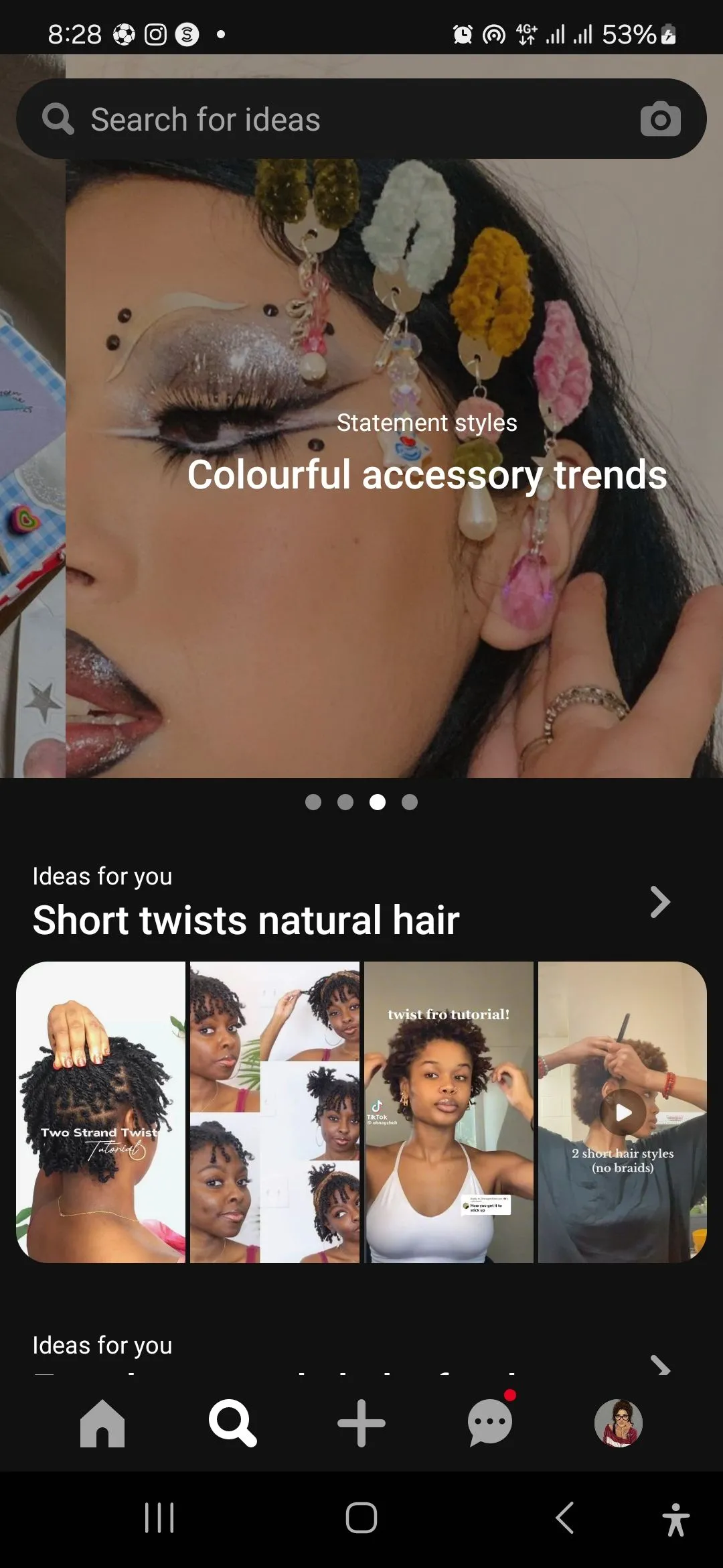 Trang tìm kiếm của Pinterest trên thiết bị di động với biểu tượng camera