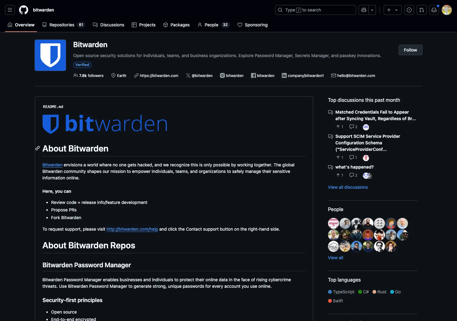 Trang tổ chức Bitwarden trên GitHub, minh chứng cho tính minh bạch mã nguồn mở và khả năng kiểm tra cộng đồng.