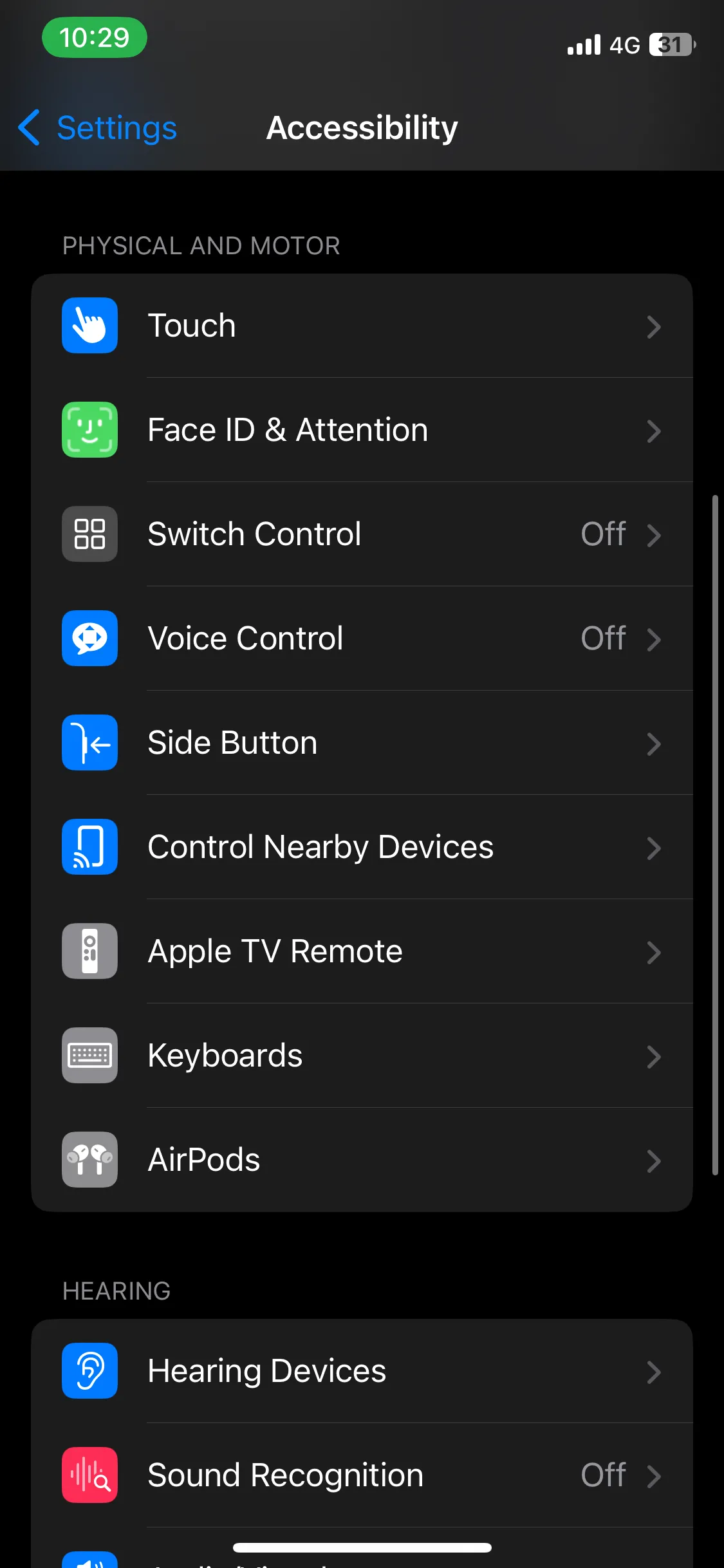 Trang Trợ năng (Accessibility) trong ứng dụng Cài đặt (Settings) của iOS, nơi điều chỉnh các cài đặt giúp tăng tốc iPhone