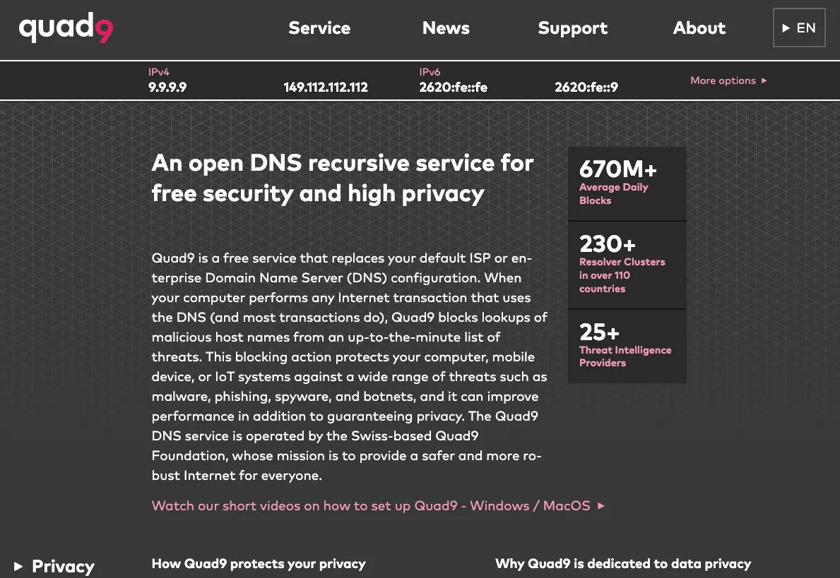 Trang web chính thức của bộ phân giải DNS Quad9