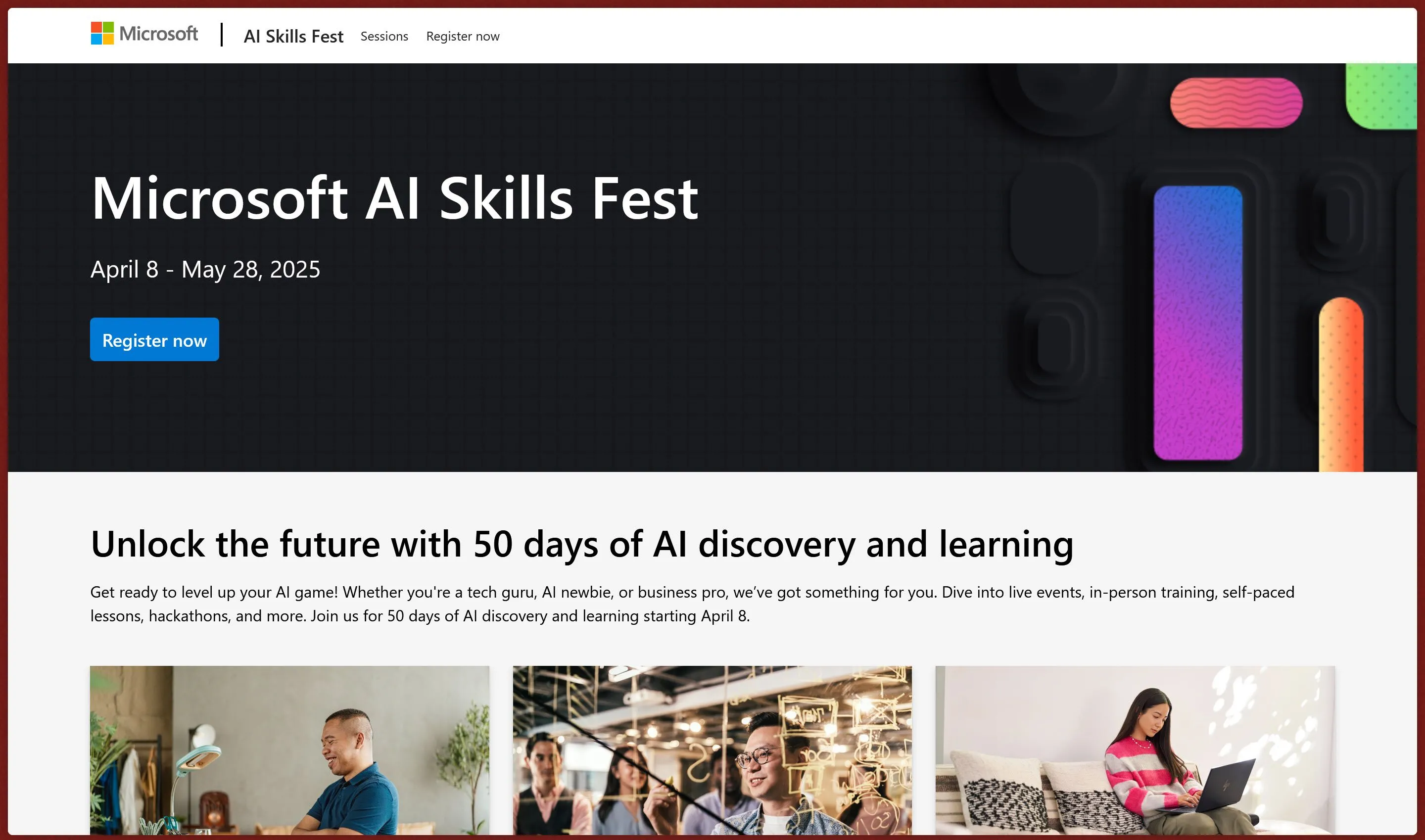 Trang web chính thức của sự kiện Microsoft AI Skills Fest, hiển thị thông tin về các khóa học AI miễn phí và lịch trình đào tạo