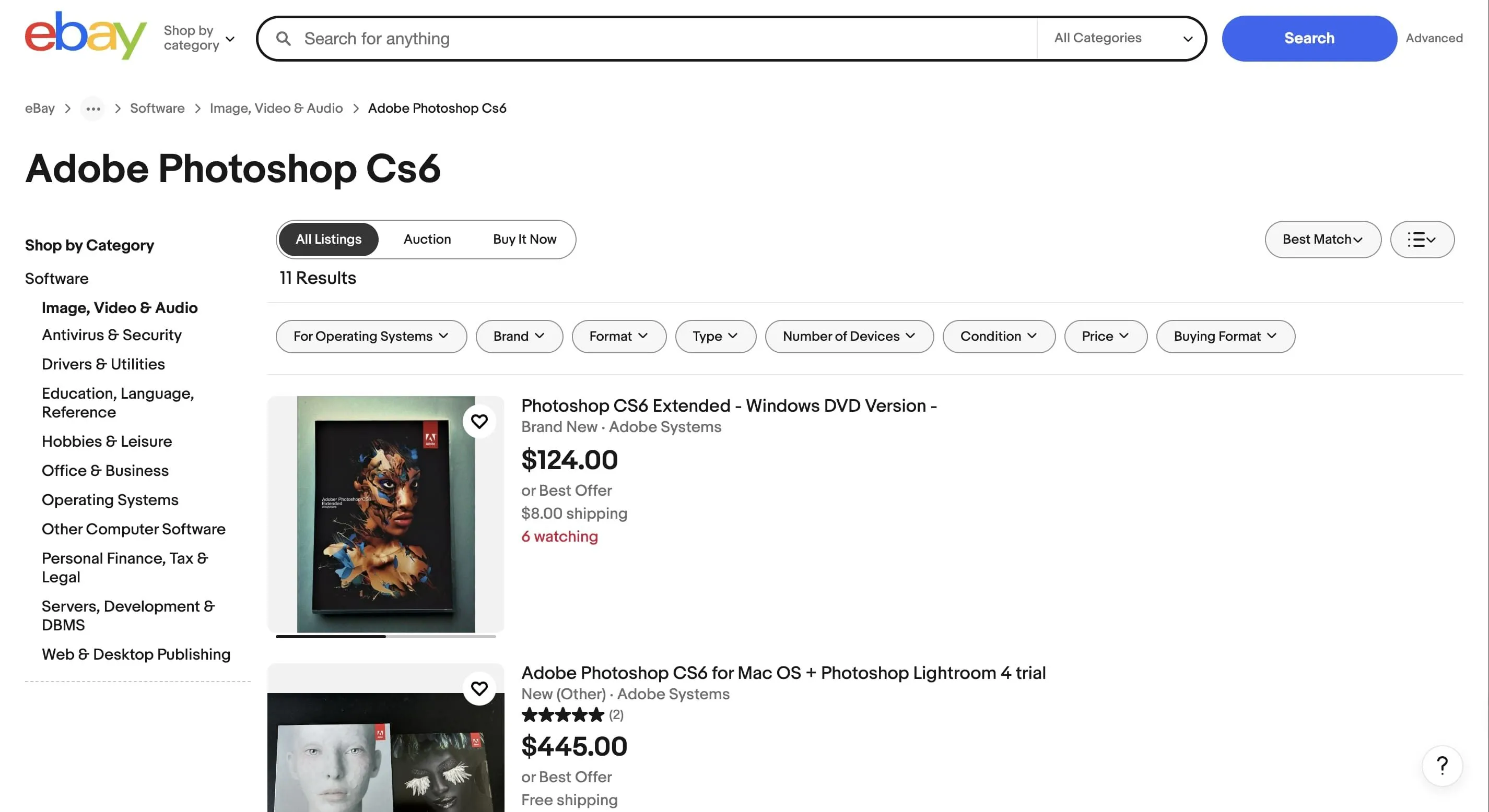 Trang web hiển thị Adobe CS6 đang được bán trên eBay, ví dụ về việc mua phần mềm phiên bản cũ